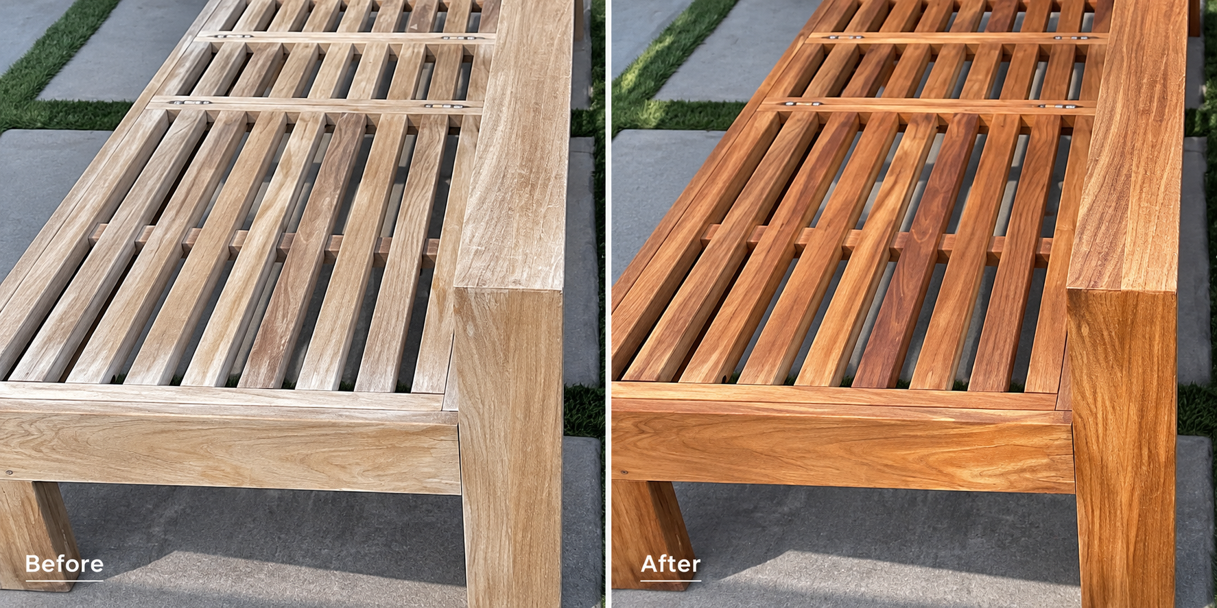 Side-by-side comparison of a wooden outdoor bench before and after staining or finishing. The left shows a light, unfinished wood, while the right displays a rich, darker stain.