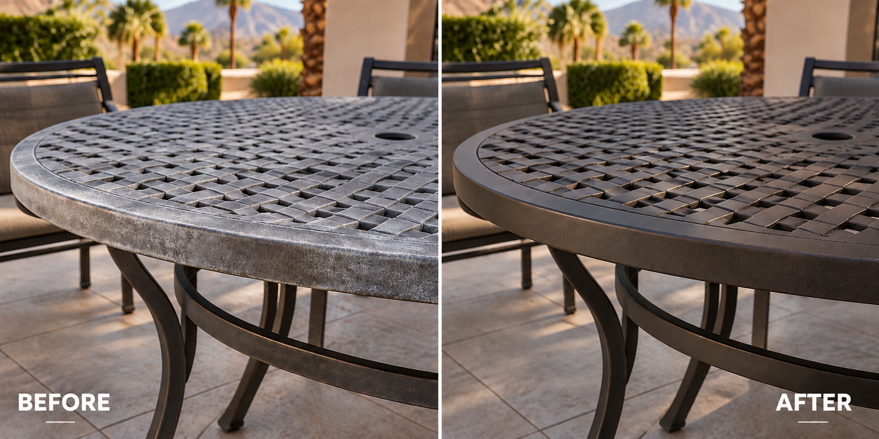 Comparison of a round outdoor table before and after cleaning; the 'before' side shows the table with a dirty, stained surface, while the 'after' side shows it clean and polished, with a smooth, dark finish.