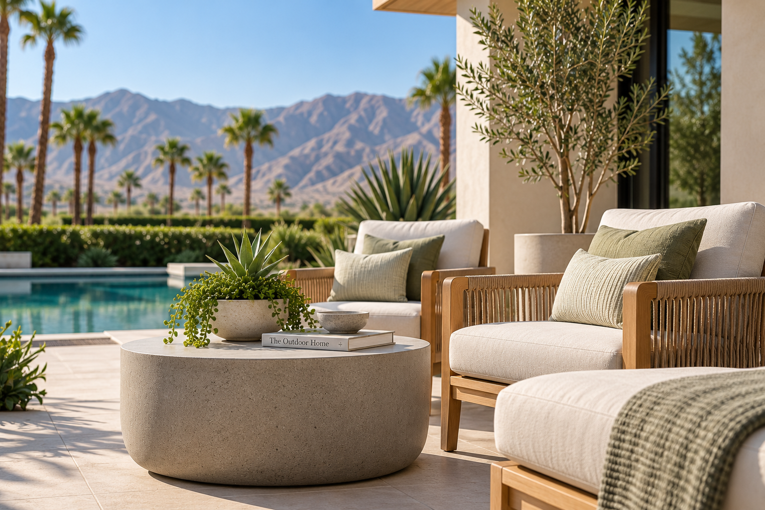 An outdoor patio with beige cushioned chairs, green pillows, potted plants including succulents, a pool, palm trees, and mountain views in the background.