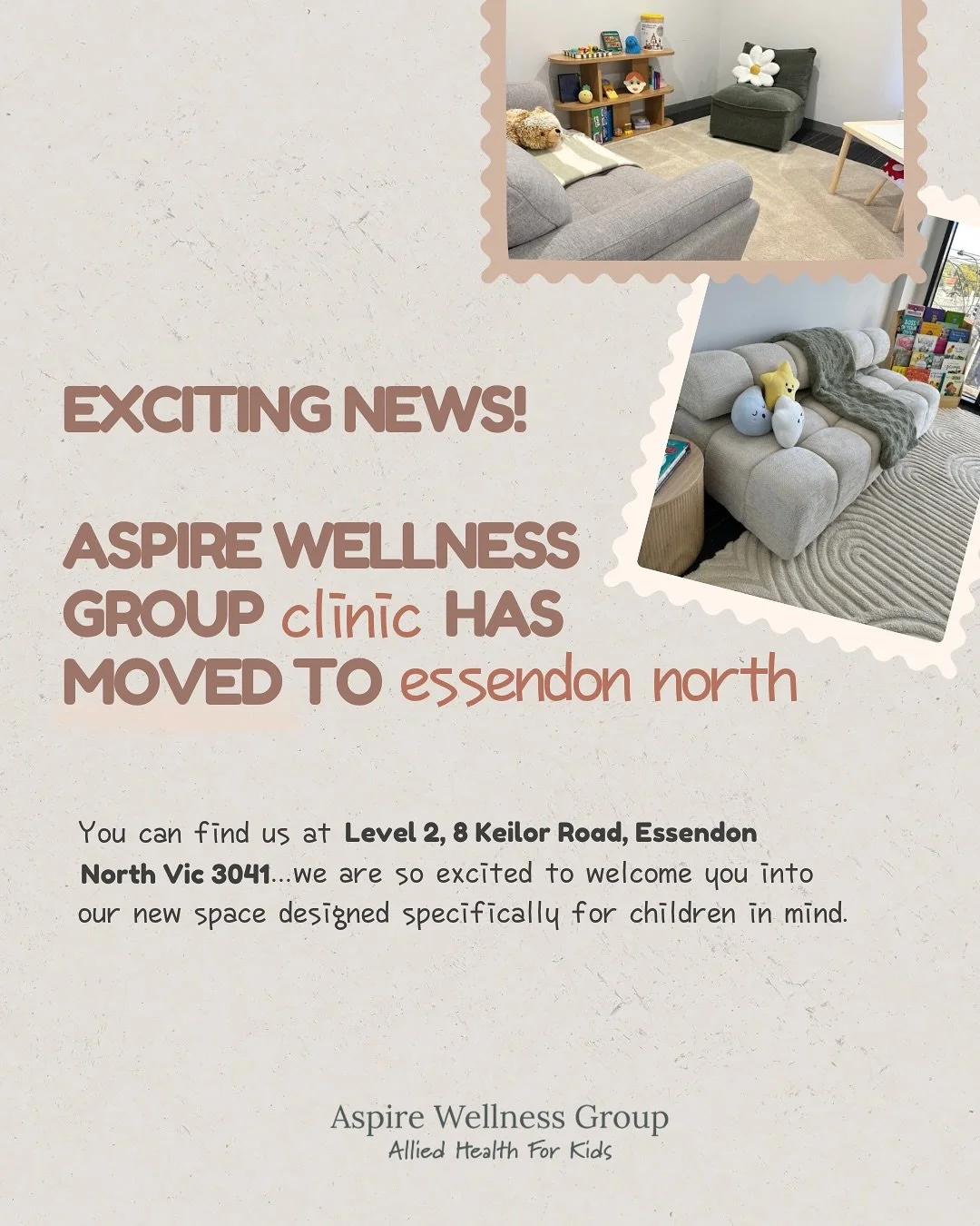 ✨ BIG NEWS @aspirewellness.group clinic has moved locations! ✨

Our new space has been designed with kids at the heart of every detail, from calming colours to playful touches. Every corner has been created to feel safe, fun and neuroaffirming. 

We 