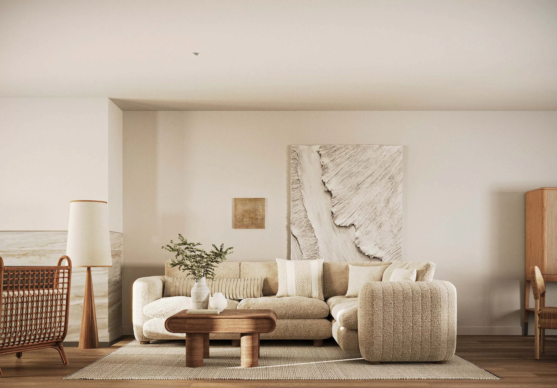 Modern living room with beige sectional sofa, wooden coffee table, large abstract artwork on the wall, wicker chair, tall lamp, and minimalist decor.