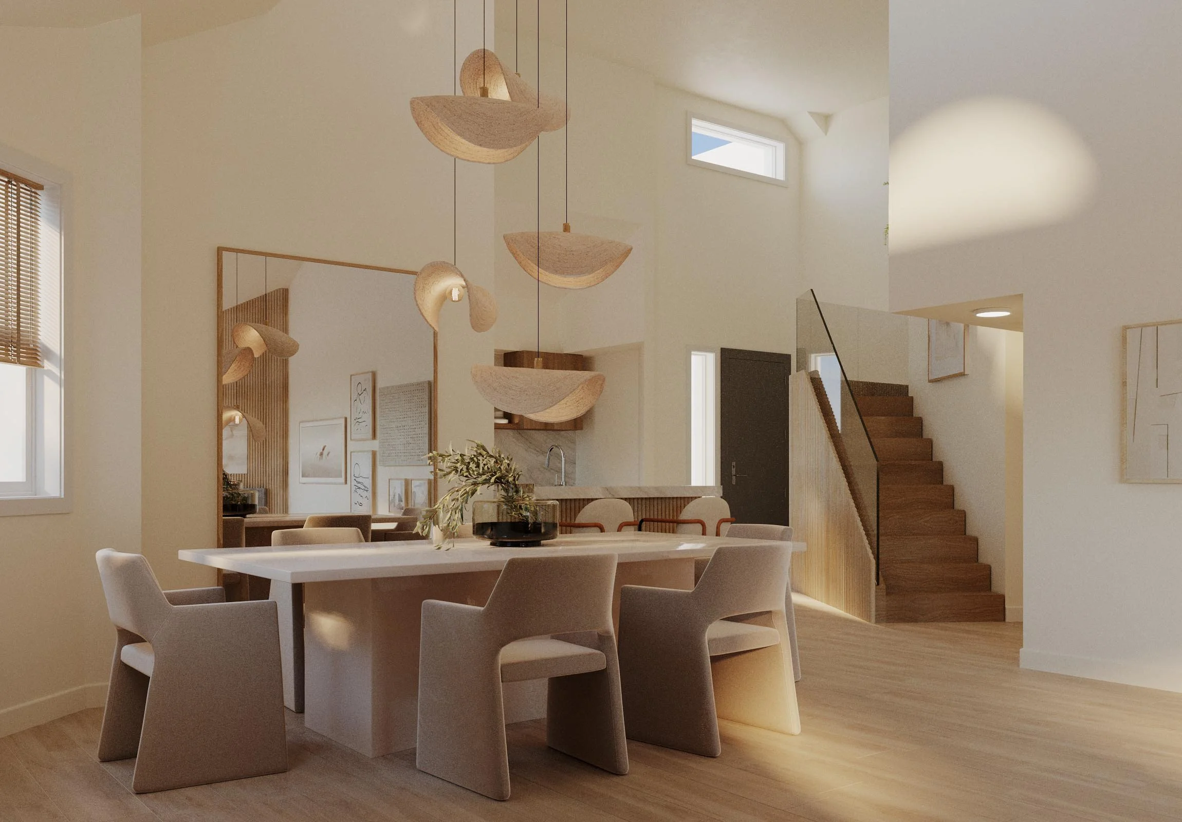 Modern dining room with a rectangular table, beige chairs, decorative hanging lights, wooden staircase, large mirror, and indoor plants in a well-lit space.
