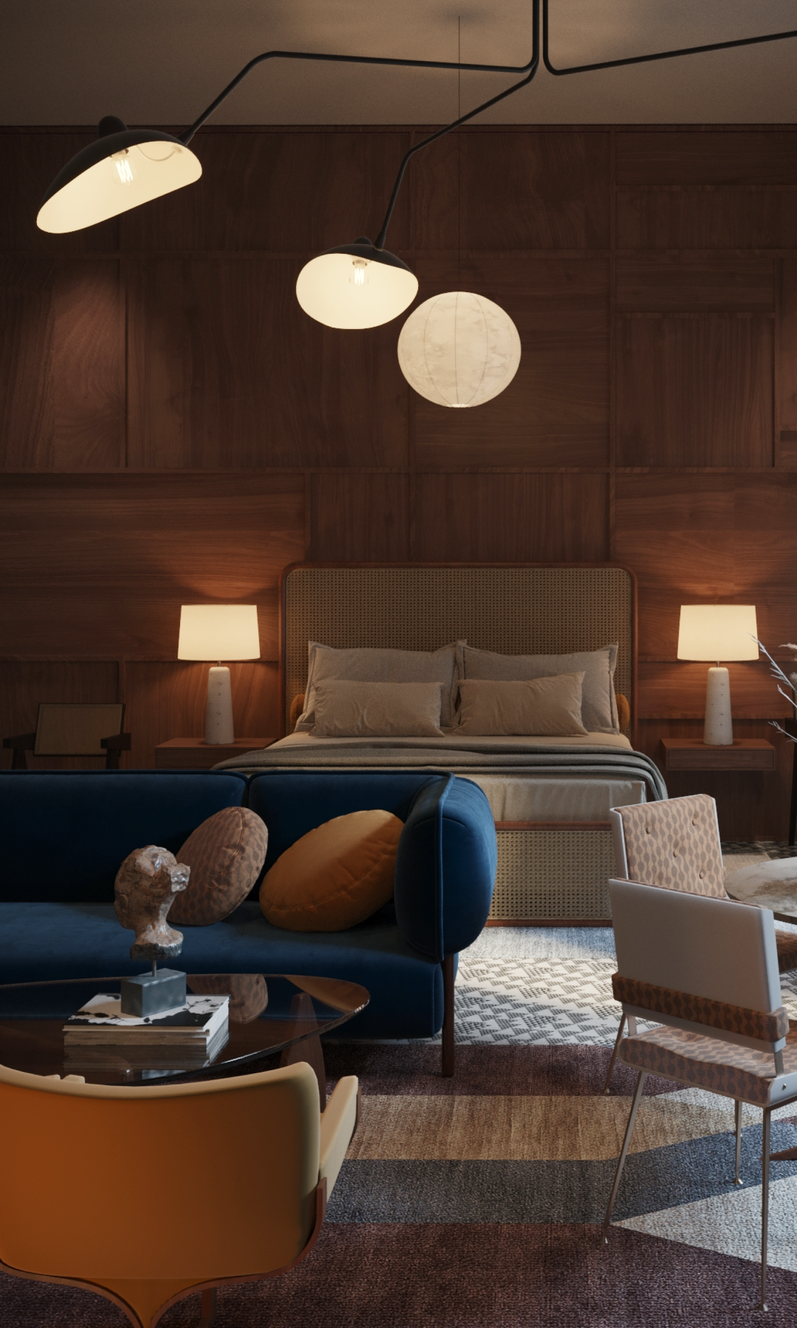 Modern bedroom interior with wooden paneled wall, upholstered bed, blue sofa, round coffee table, and overhead pendant lights.