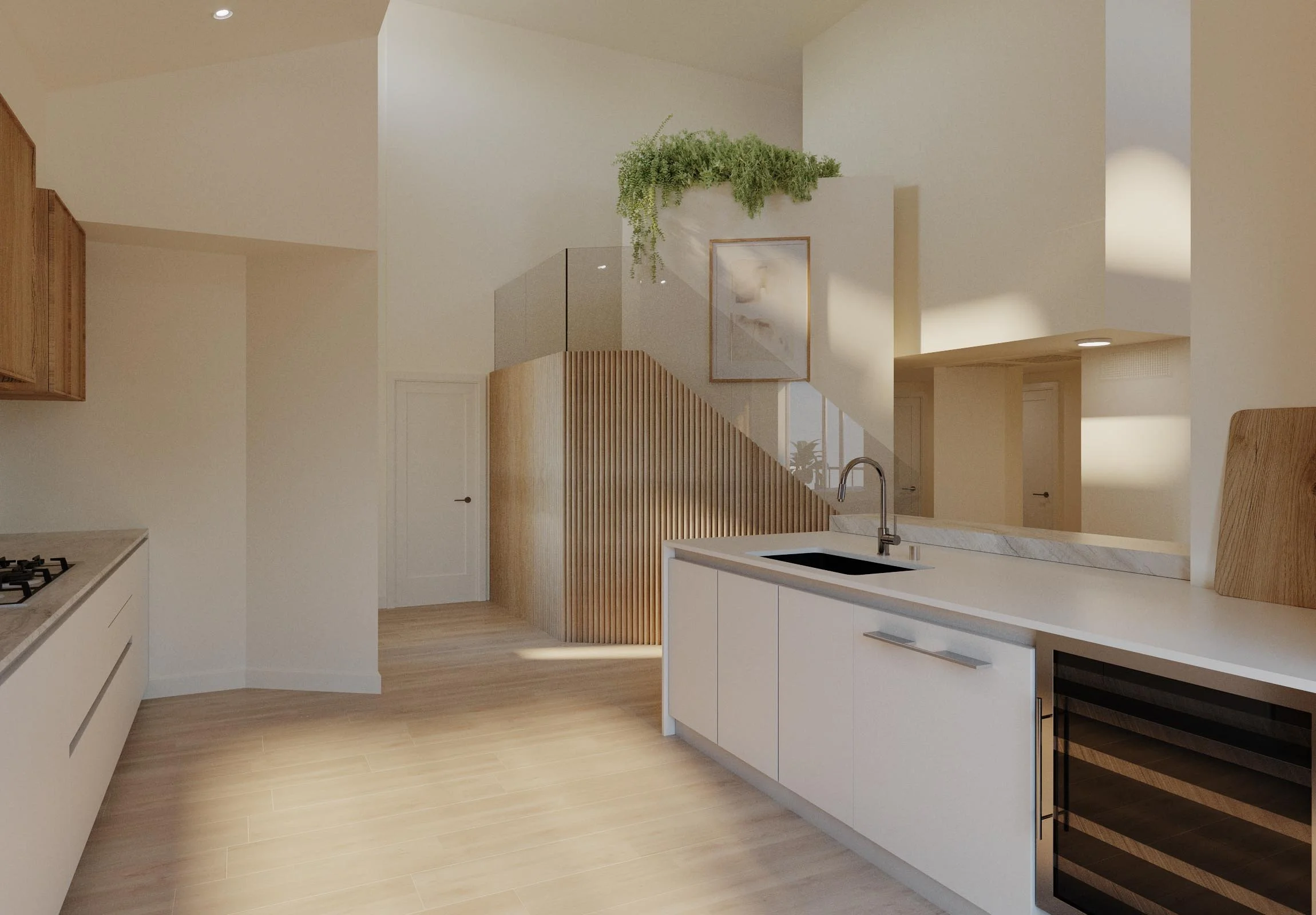 Modern kitchen interior with light wood flooring, white cabinets, a countertop sink, built-in stove, and a wine cooler. Features a decorative wall with wooden slats, hanging plants, and a skylight.