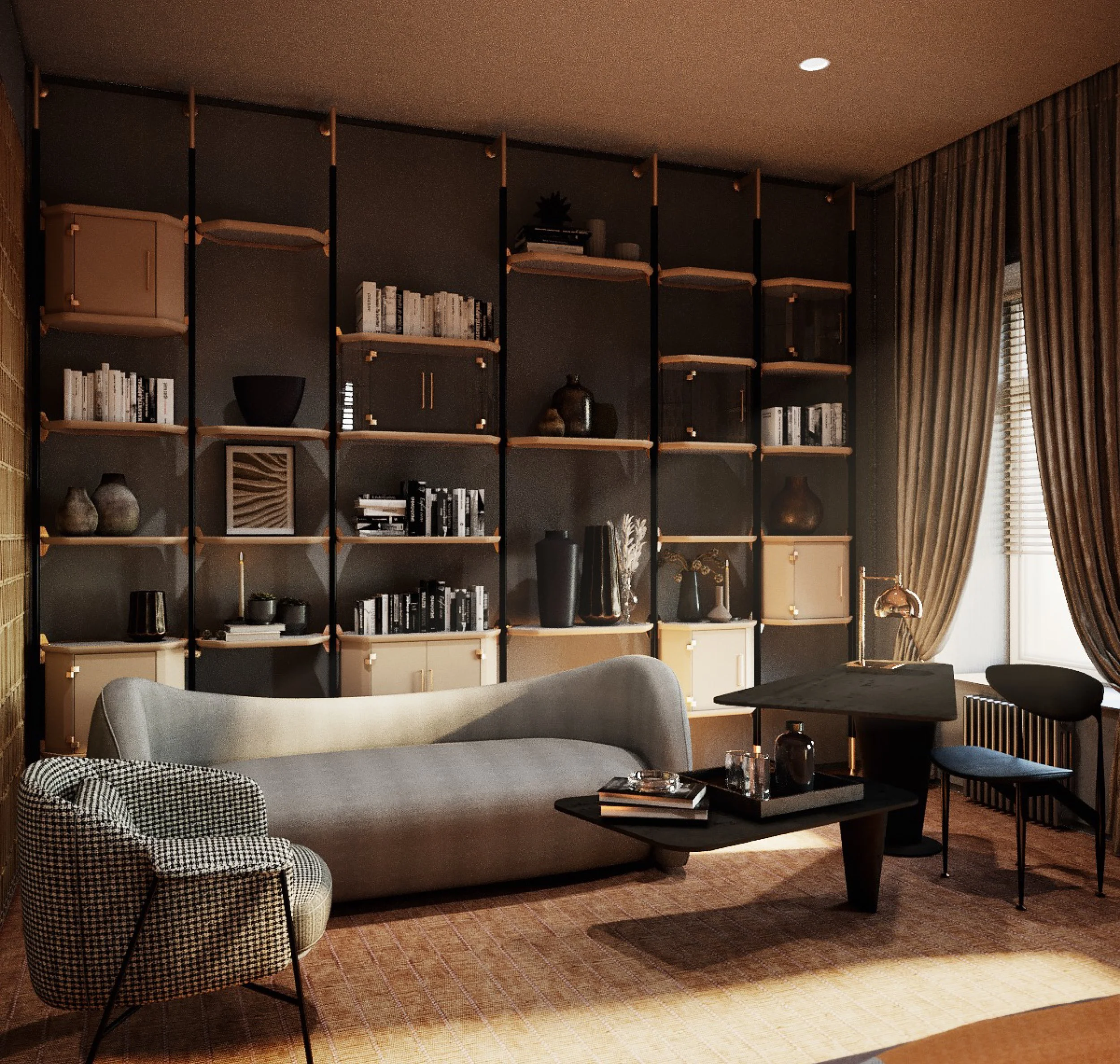 Modern living room with a gray sofa, patterned armchair, black coffee table, and open shelving filled with books and decorative items. Room is softly lit with a table lamp and has large curtains covering a window.