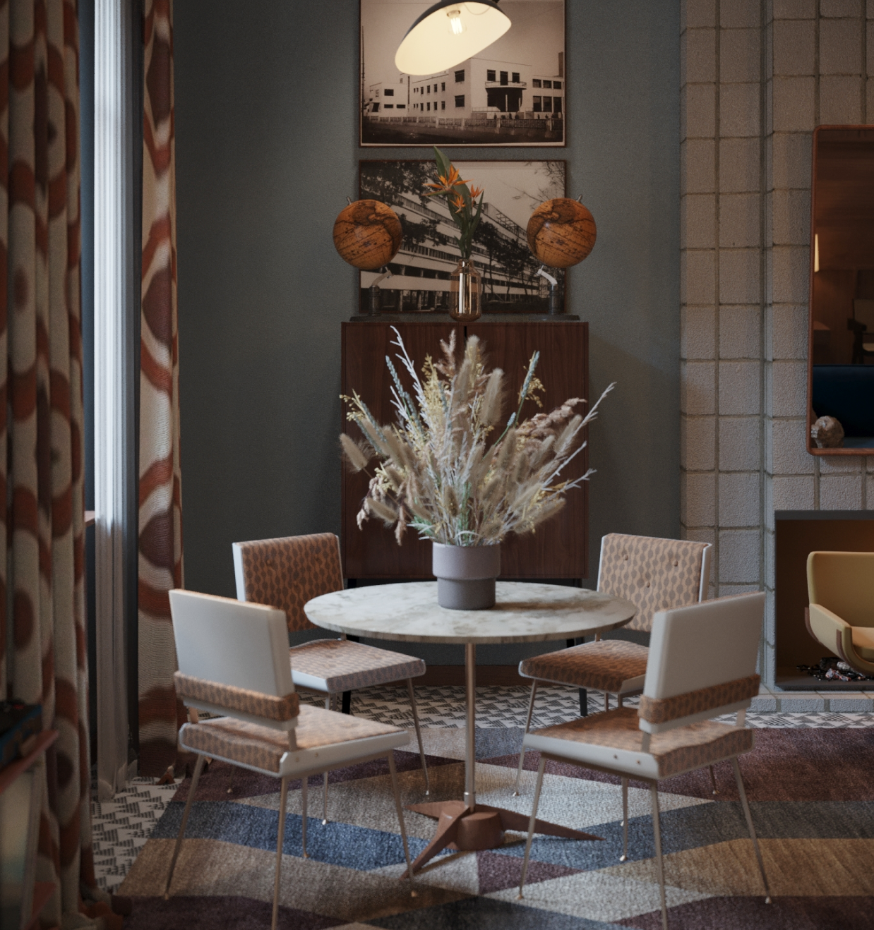 Mid-century modern dining room with round table, four chairs, dried floral centerpiece, geometric rug, vintage photos and globes on cabinet, and patterned curtains.