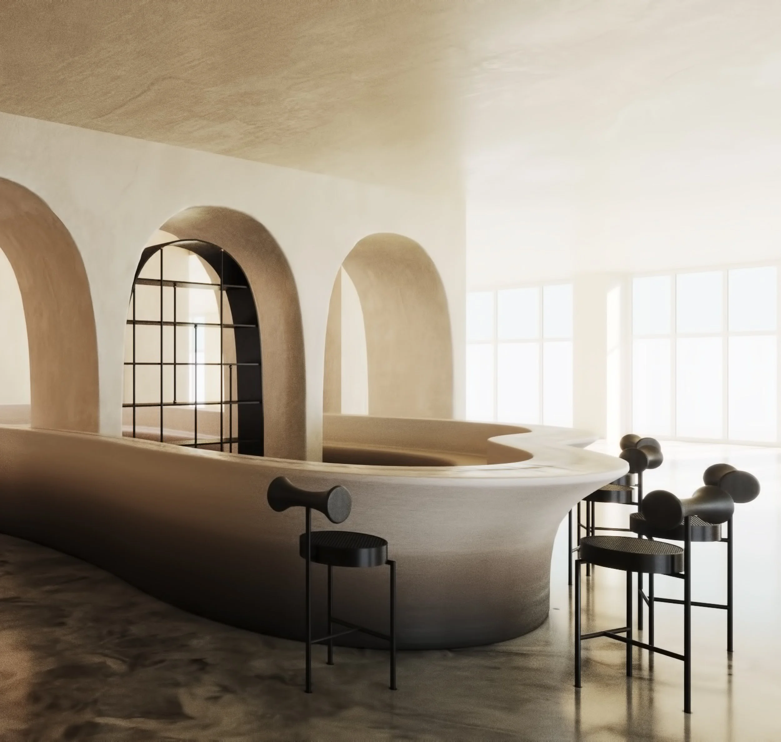 Modern interior with curved arches, minimalist design, a sleek counter, and high stools.
