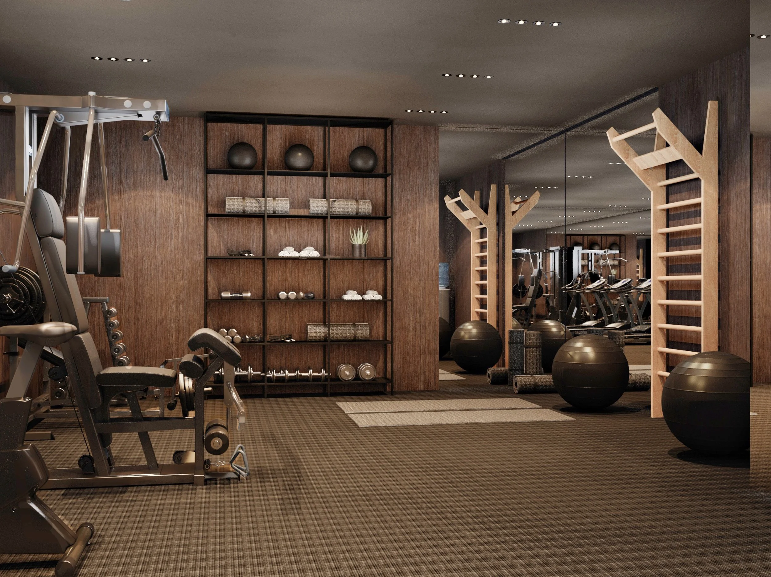 Modern gym interior with exercise equipment, mirrors, free weights, gym balls, and wooden shelves holding towels and fitness accessories.