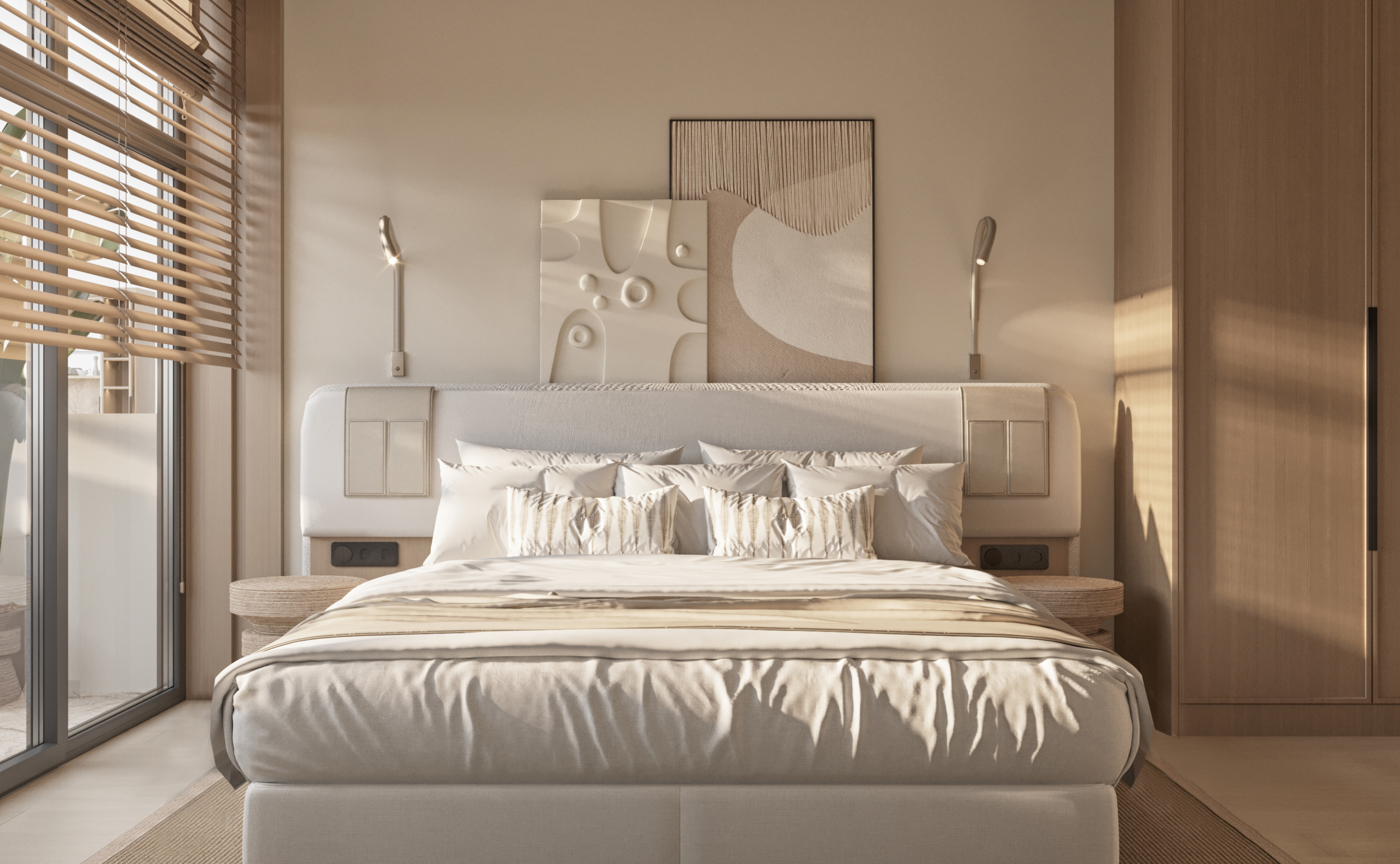 Modern bedroom with a large bed, white bedding, abstract art on the wall, and wooden blinds partially open, allowing sunlight in.