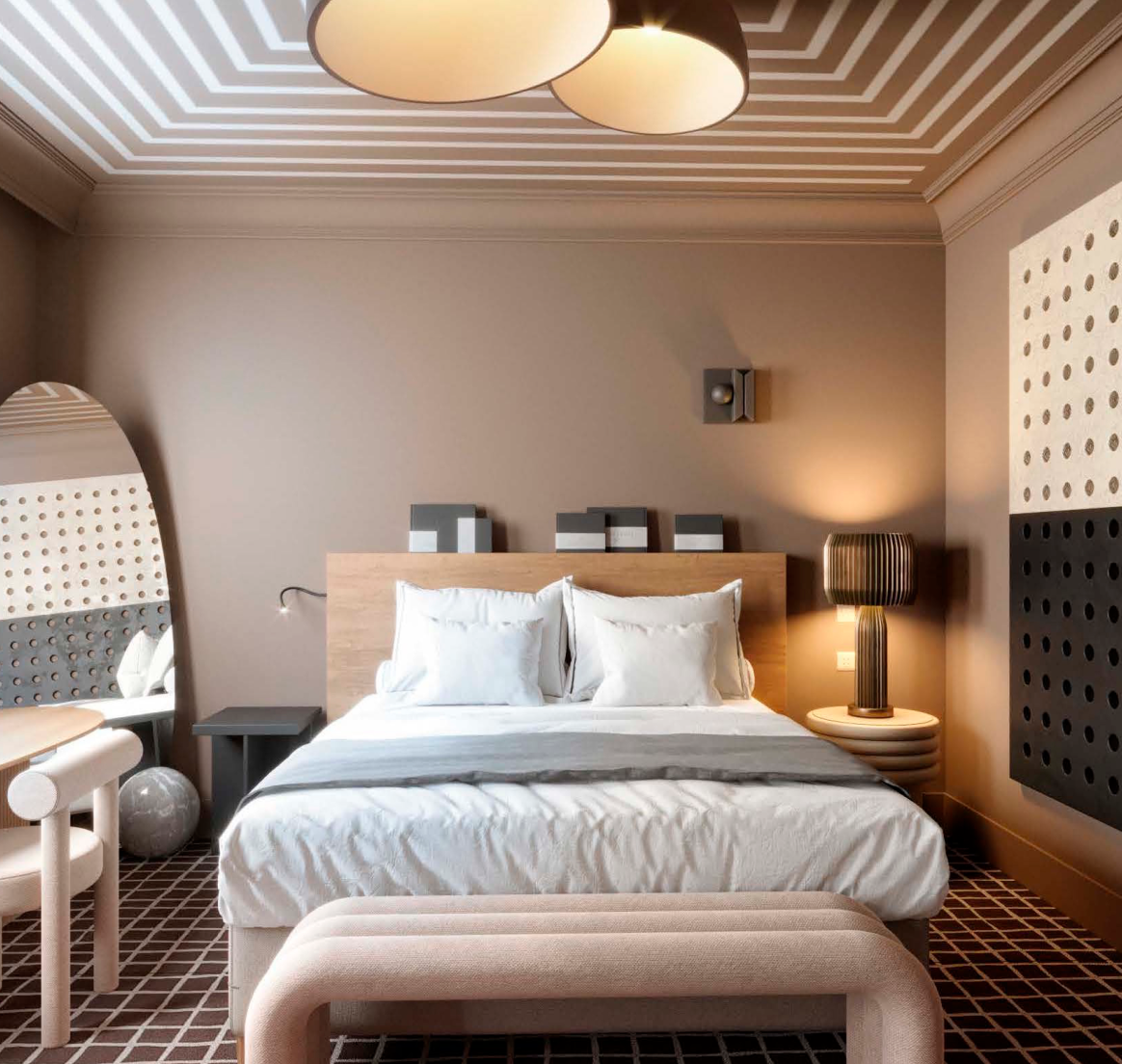 Modern bedroom with geometric decor, featuring a bed with white linens and a wooden headboard, striped ceiling, a large round mirror, a side table with a lamp, and an upholstered bench. The room has patterned walls and a geometric patterned floor.