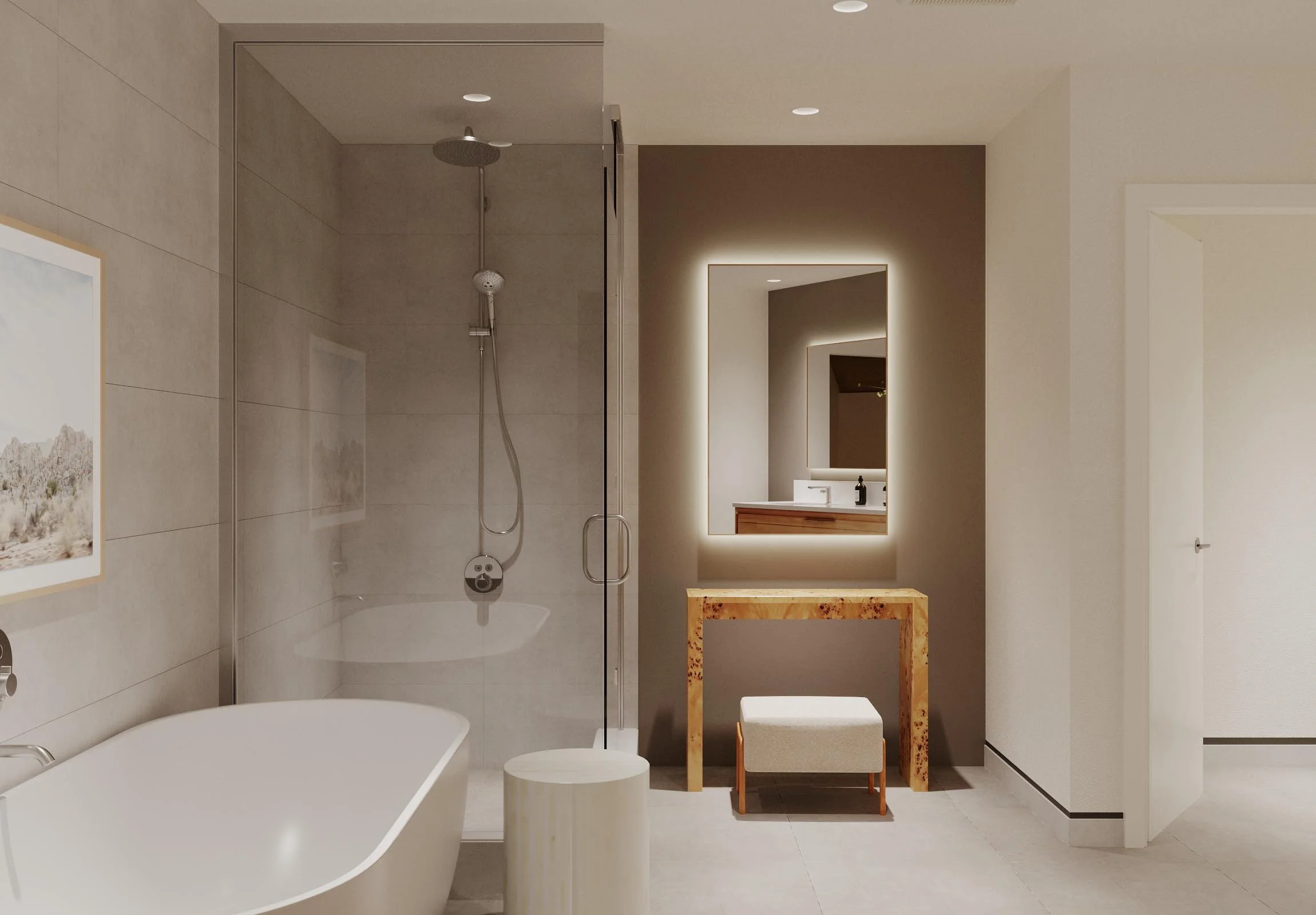 Modern bathroom with a freestanding tub, glass shower enclosure, wall-mounted showerhead, illuminated mirror, and wooden vanity with a stool.
