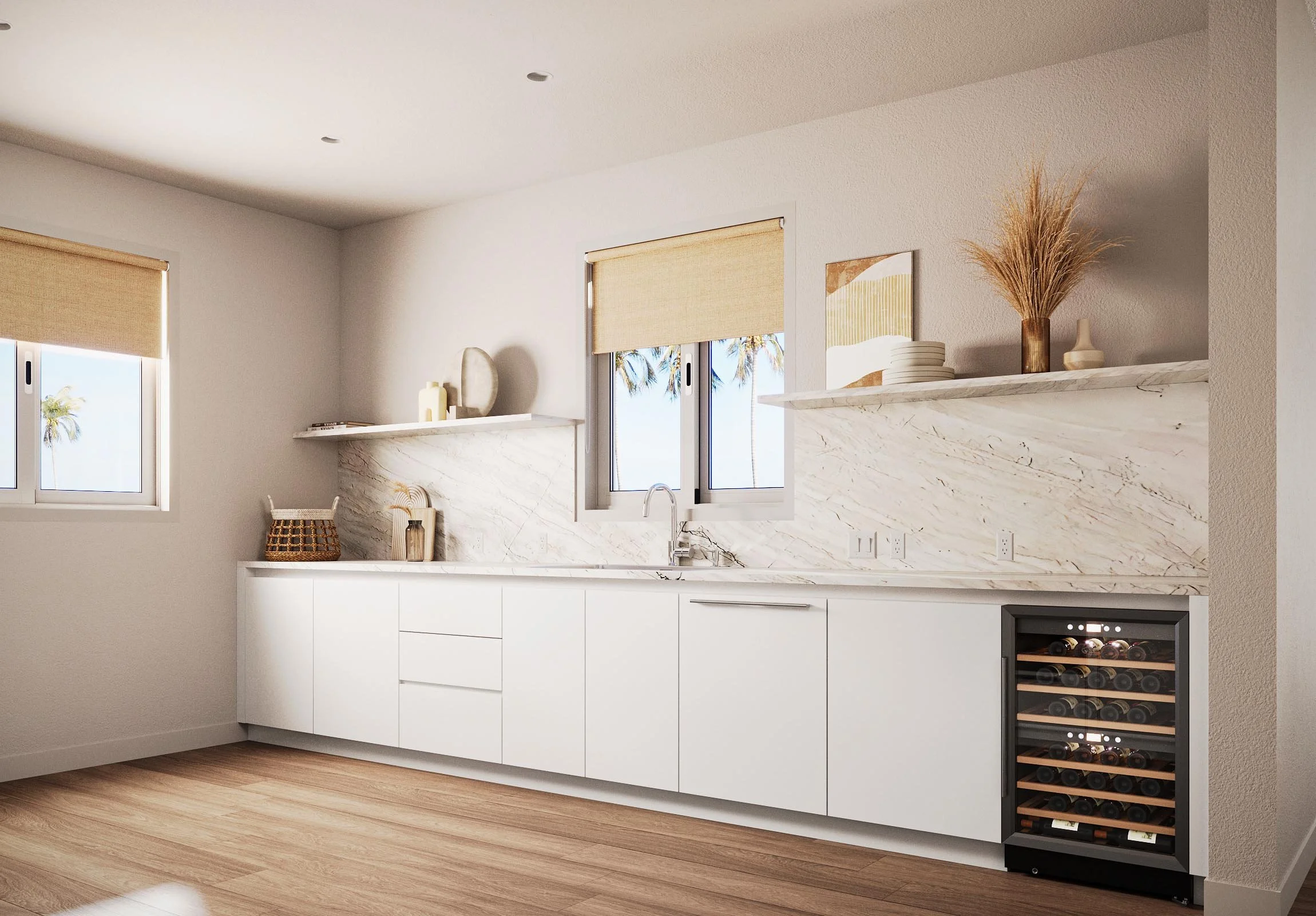 Modern kitchen with white cabinets, marble backsplash, open shelves with decor, wine cooler, and large windows with beige blinds.