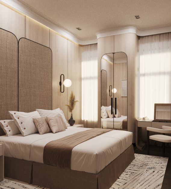 Modern bedroom interior with beige tones, featuring a bed with white and brown bedding, decorative pillows, a large mirror, a vanity table with a chair, and ambient lighting.