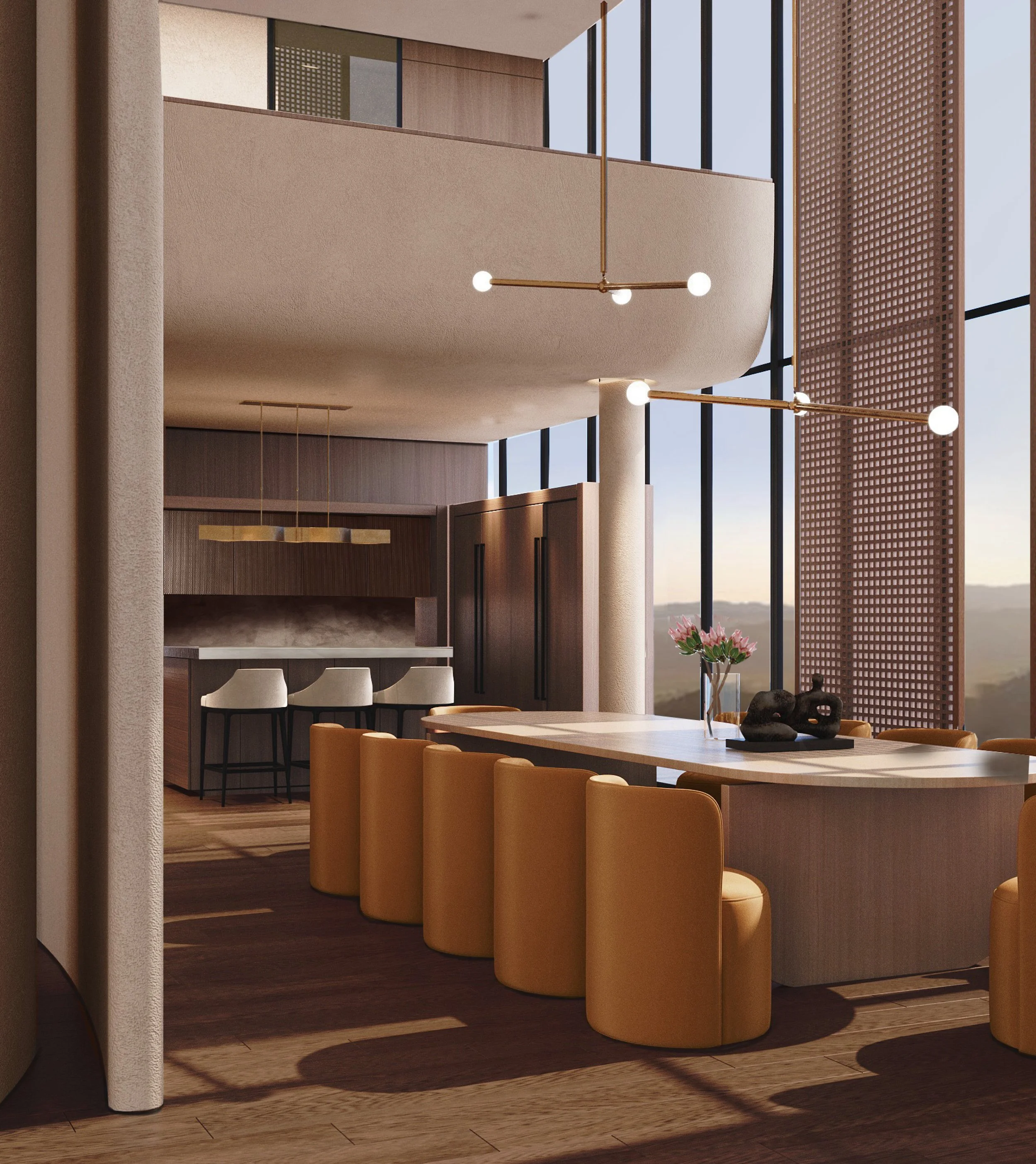 Modern dining area with long table, leather chairs, contemporary lighting, and large windows.