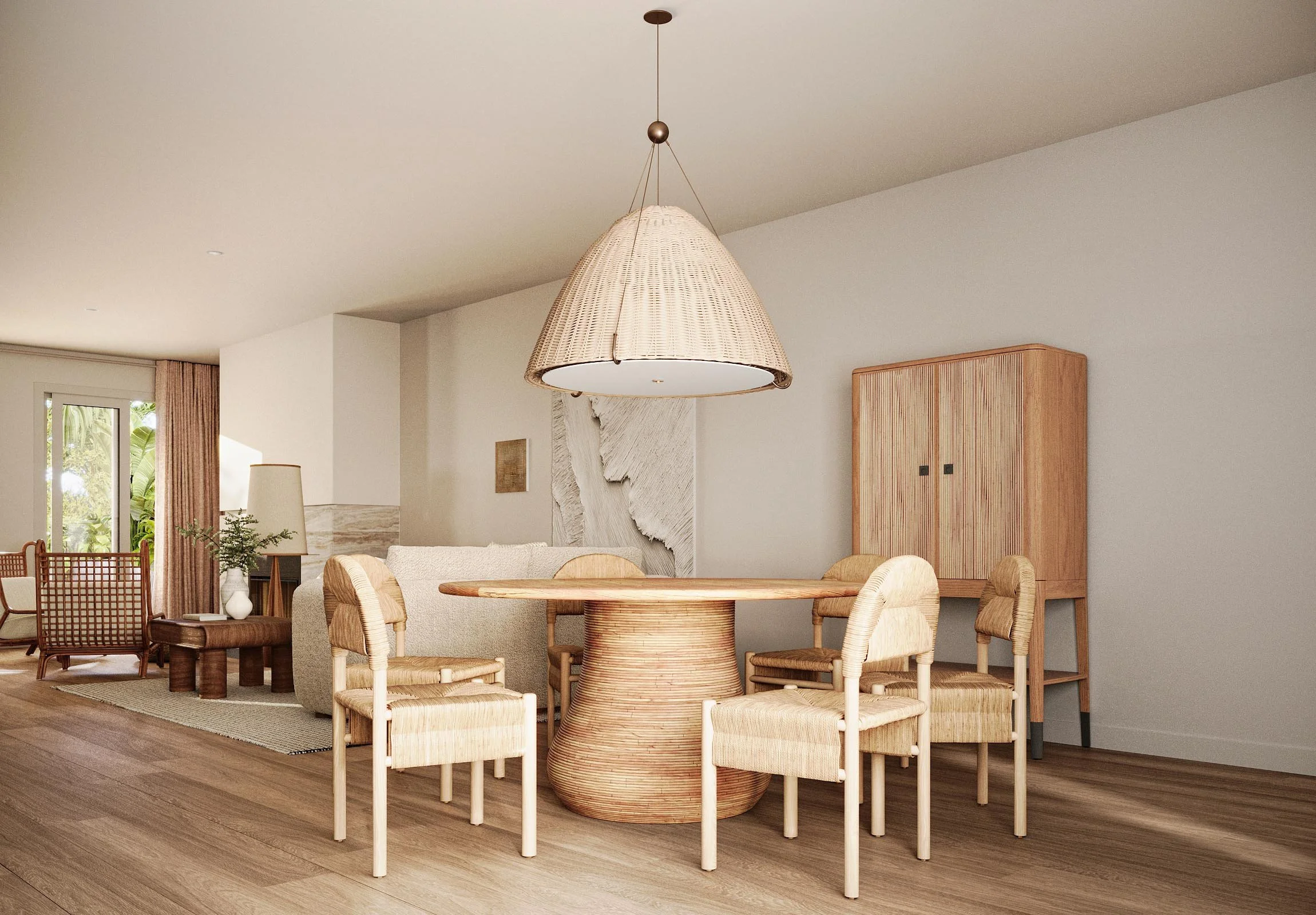 Modern dining area with wooden table and chairs, large woven pendant light, neutral color palette, and minimalist decor.