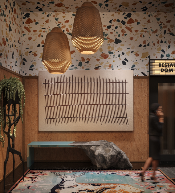Interior lobby with modern decor, including terrazzo walls, woven pendant lights, abstract wall art, a turquoise bench with a stone base, and a textured rug. A person walks by a sign reading "Restaurant Dom."