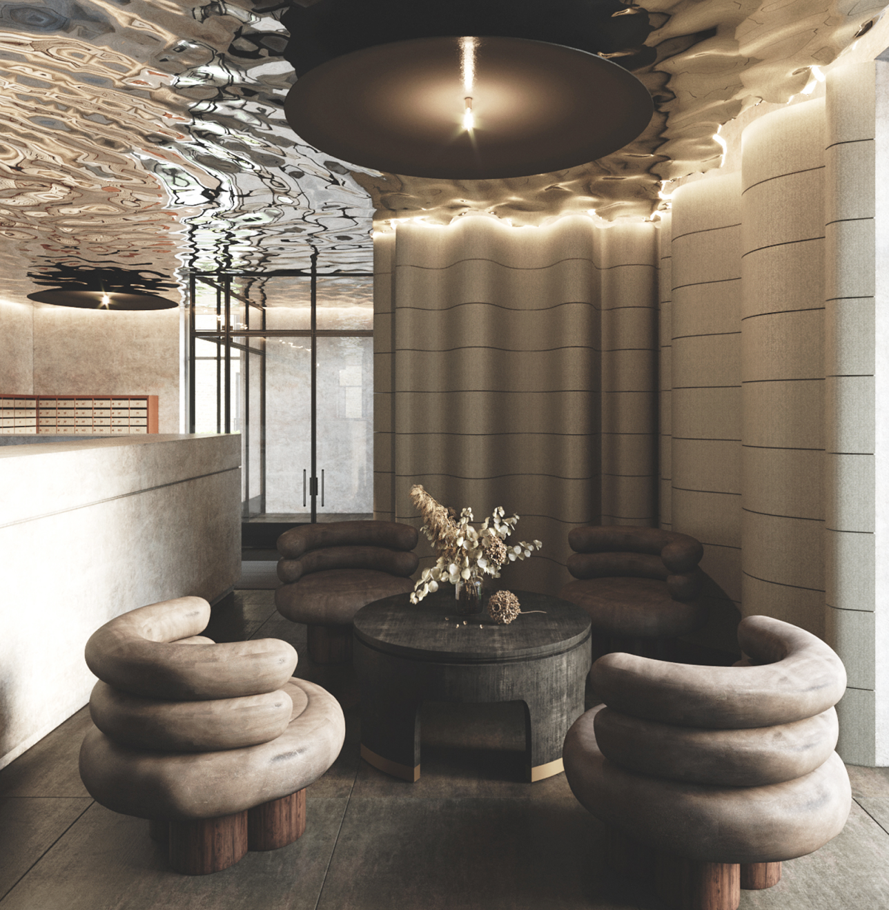 Modern lounge area with unique circular chairs, a round coffee table with decorative flowers, textured walls, and artistic lighting fixture.