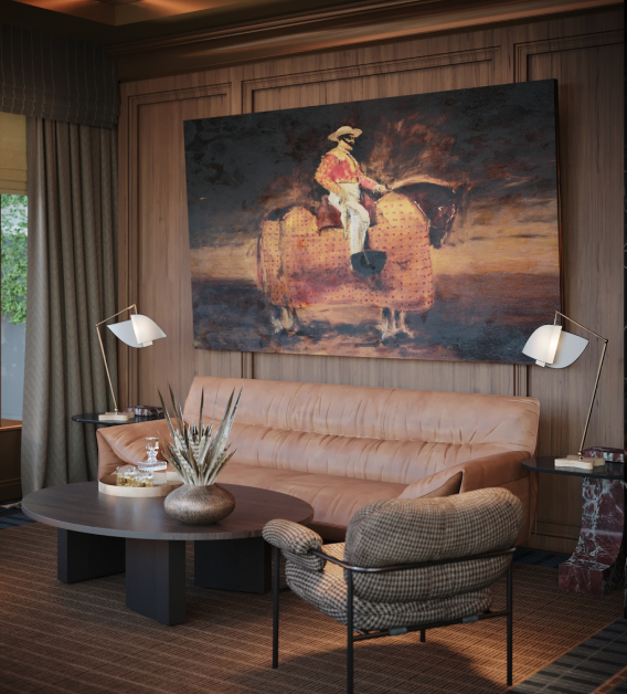 Living room with a tan leather sofa, modern art of a horse rider, round coffee table, and an armchair.