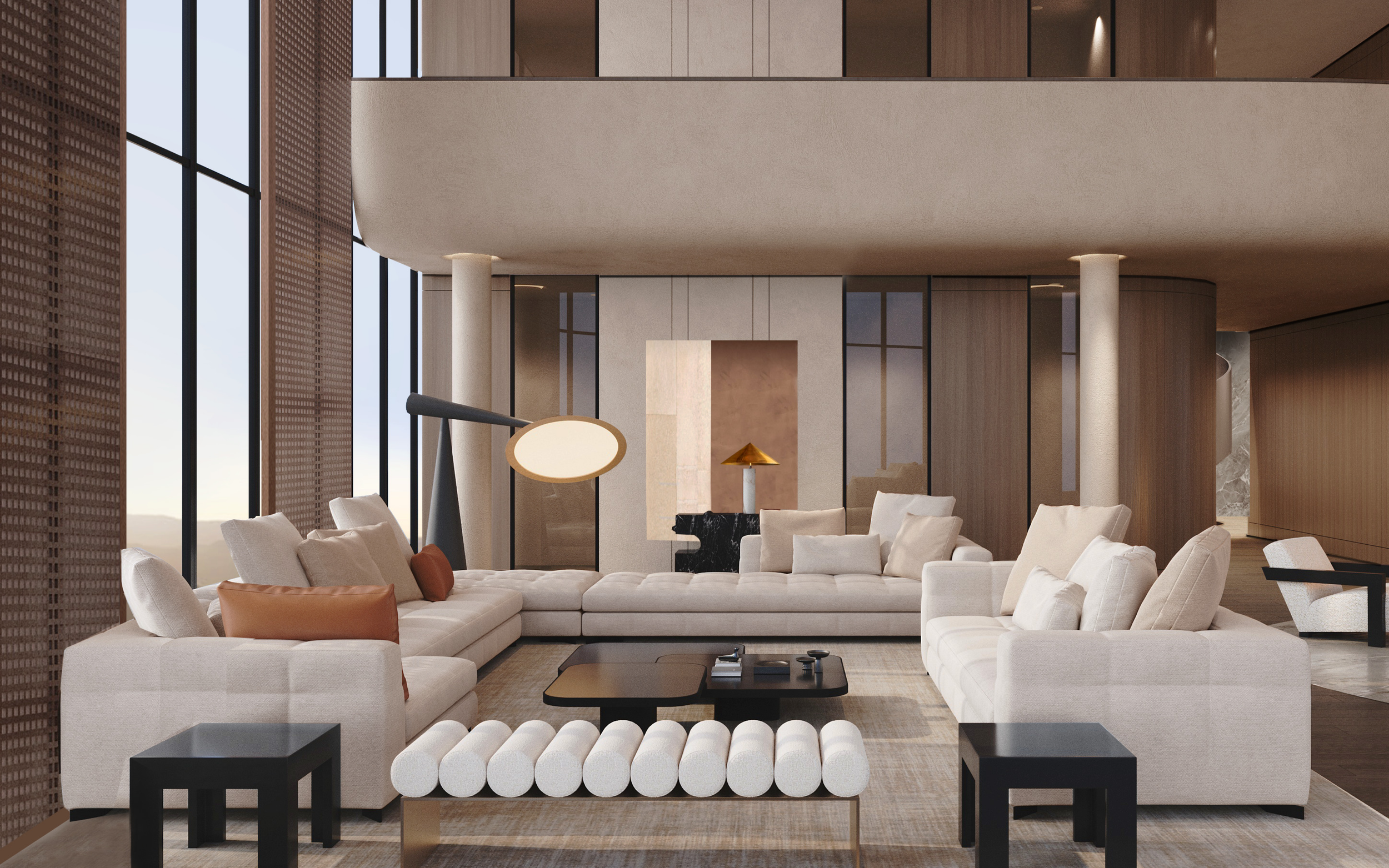 Modern living room with large beige sectional sofas, black coffee table, floor lamp, and tall windows.