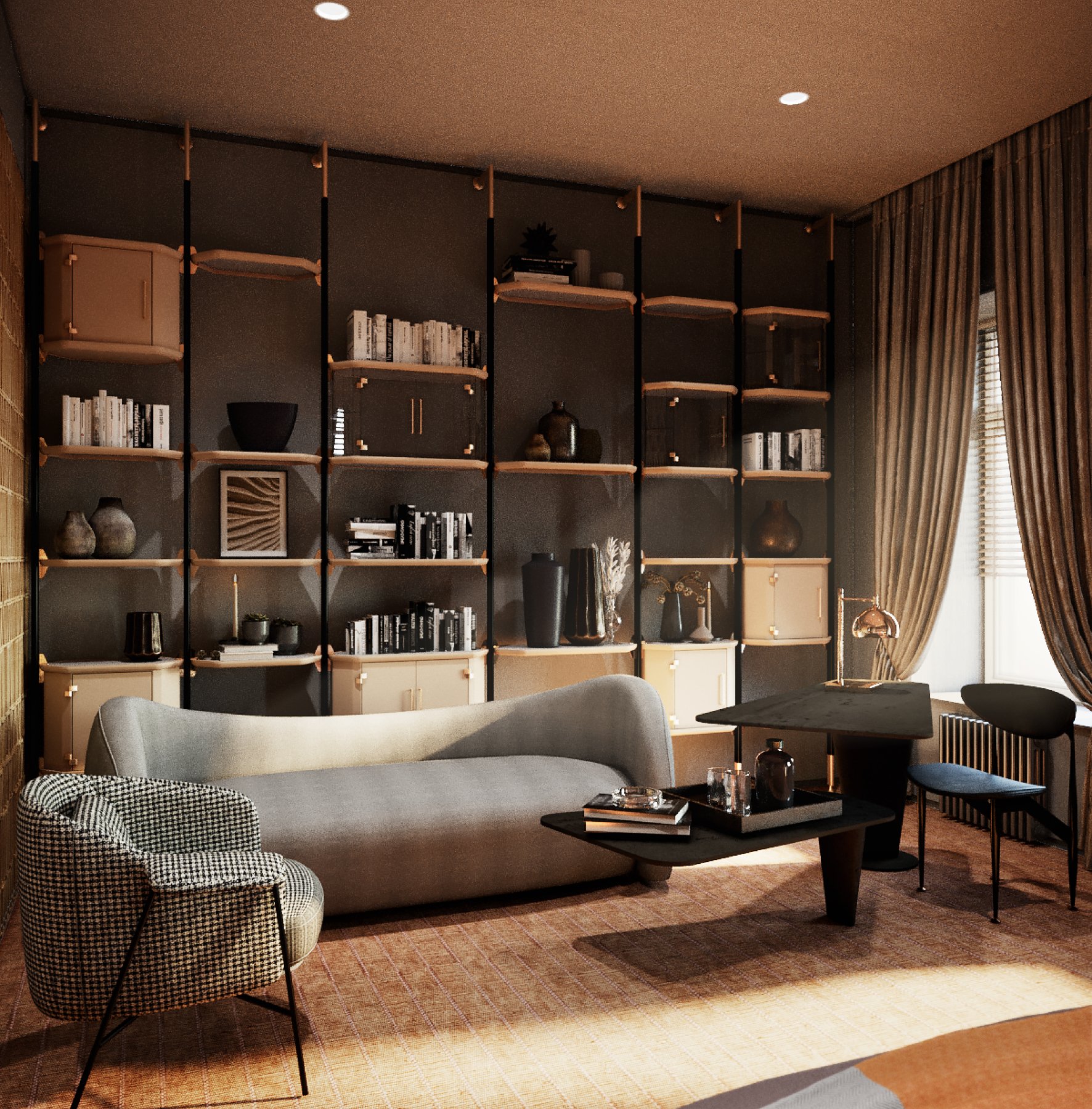 Modern living room with a curved gray sofa, patterned armchair, bookshelves, and a black coffee table, under warm lighting. Shelves hold books and decorative items. Large windows with curtains provide natural light.