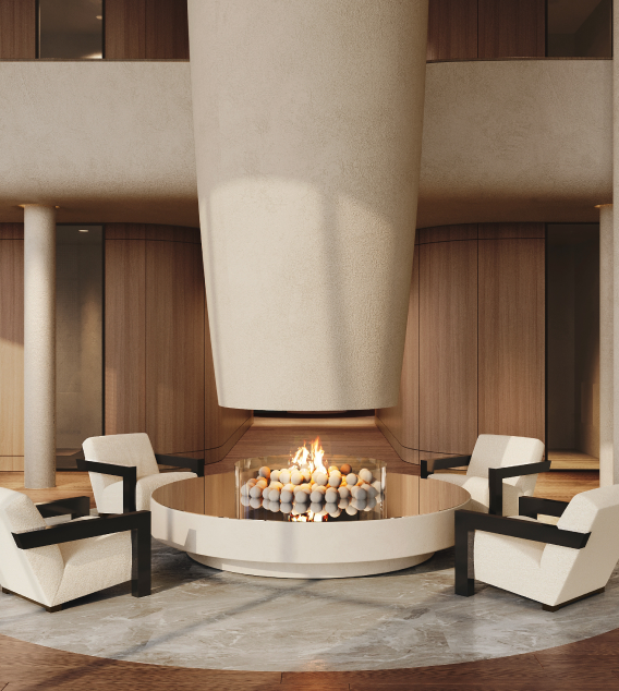 Modern living room with central fireplace, round seating area, and armchairs