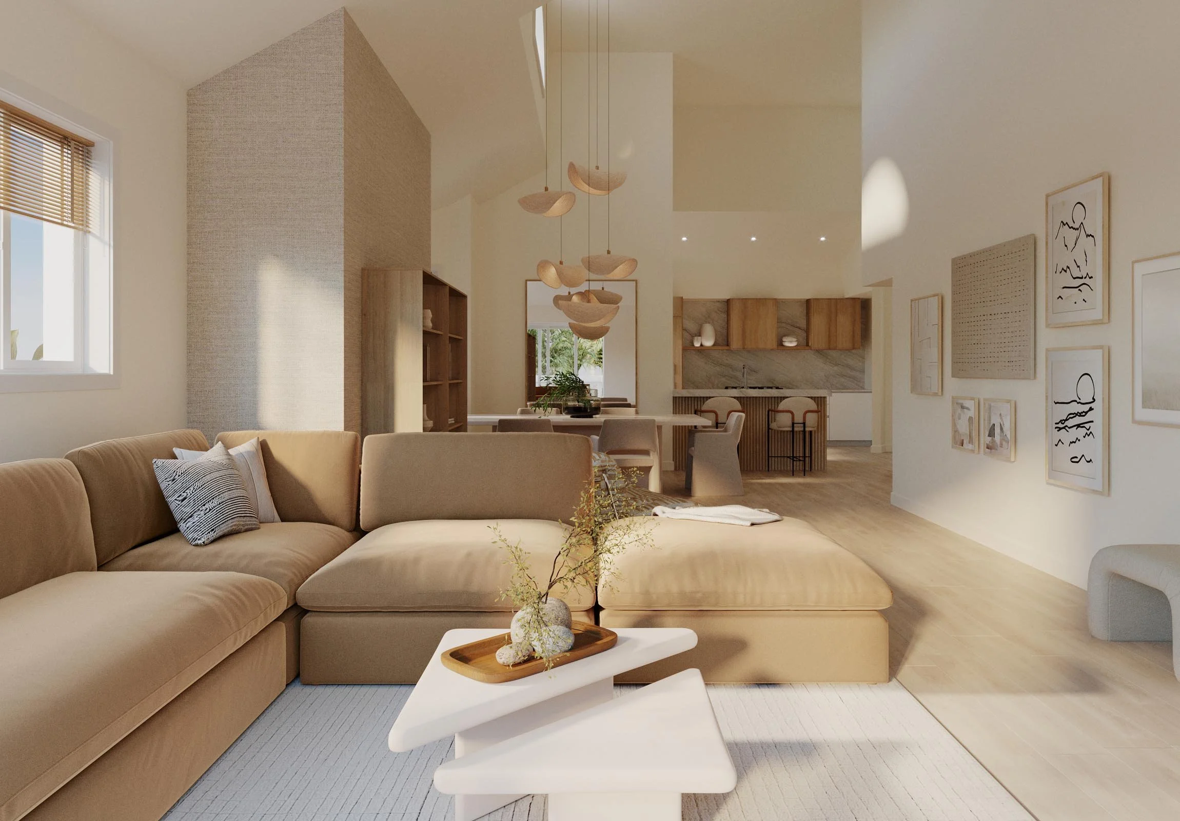 Modern open-plan living room with beige sectional sofa, white nested coffee tables, wooden flooring, and kitchen in the background. Minimalist decor with wall art, pendant lights, and natural light from windows.