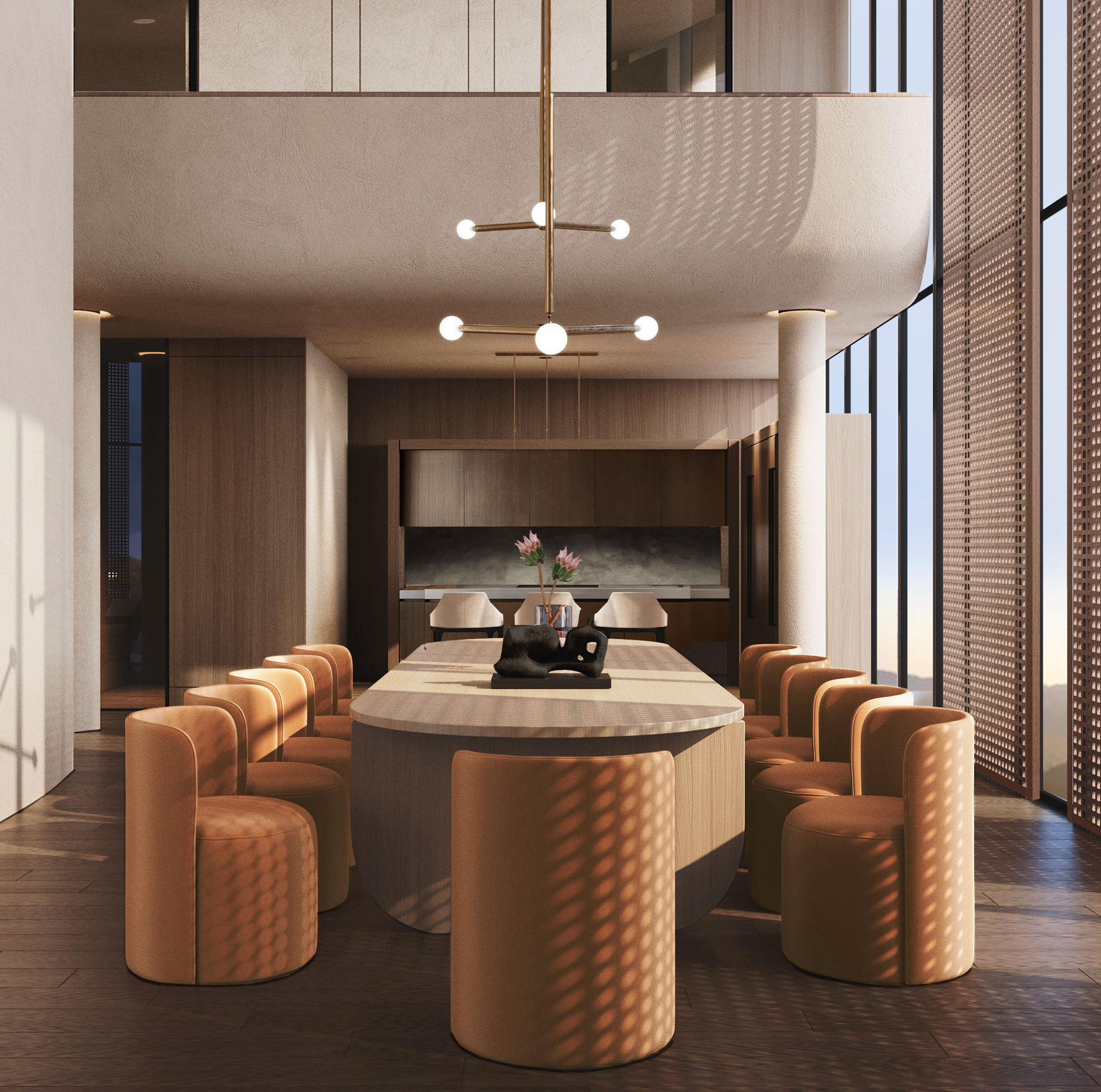 Modern dining room with a long wooden table surrounded by beige chairs, a contemporary chandelier, large windows with grid-patterned blinds, and a minimalist interior design.