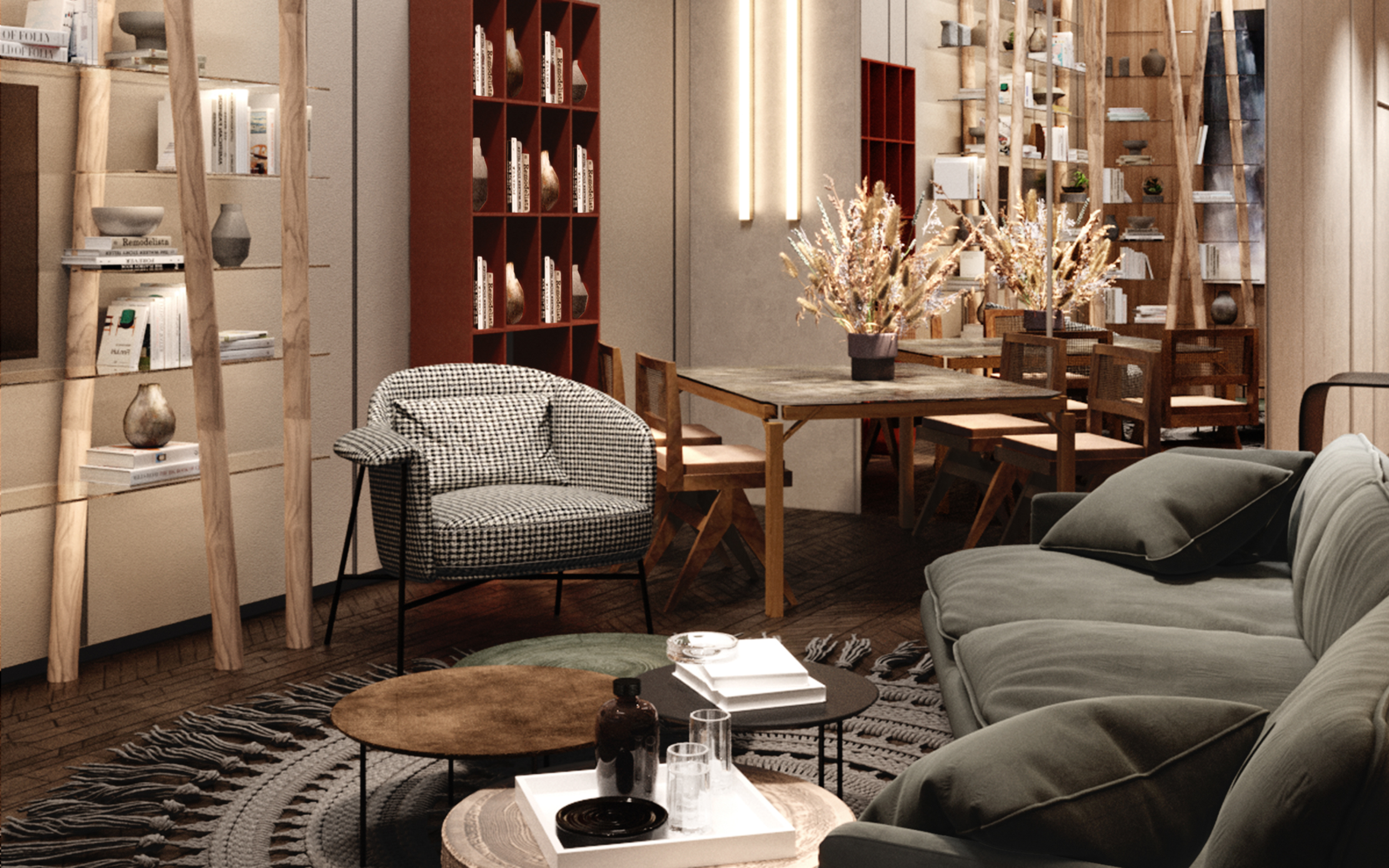 Stylish modern living room with a green sofa, houndstooth armchair, wooden coffee tables, bookshelves, dining table, and decorative plants.