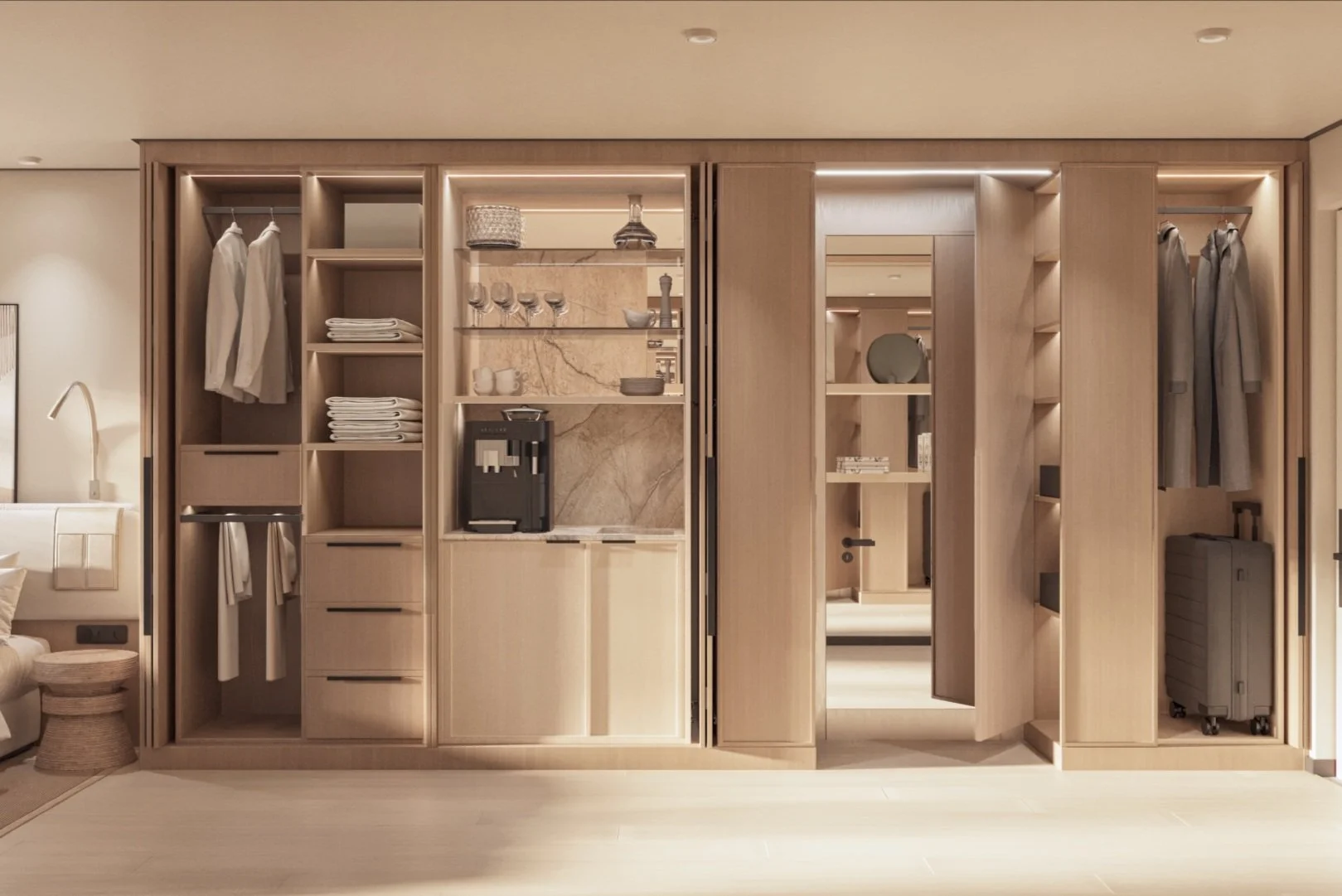 Modern wardrobe with clothes, shelves, and coffee machine in a light wood finish.