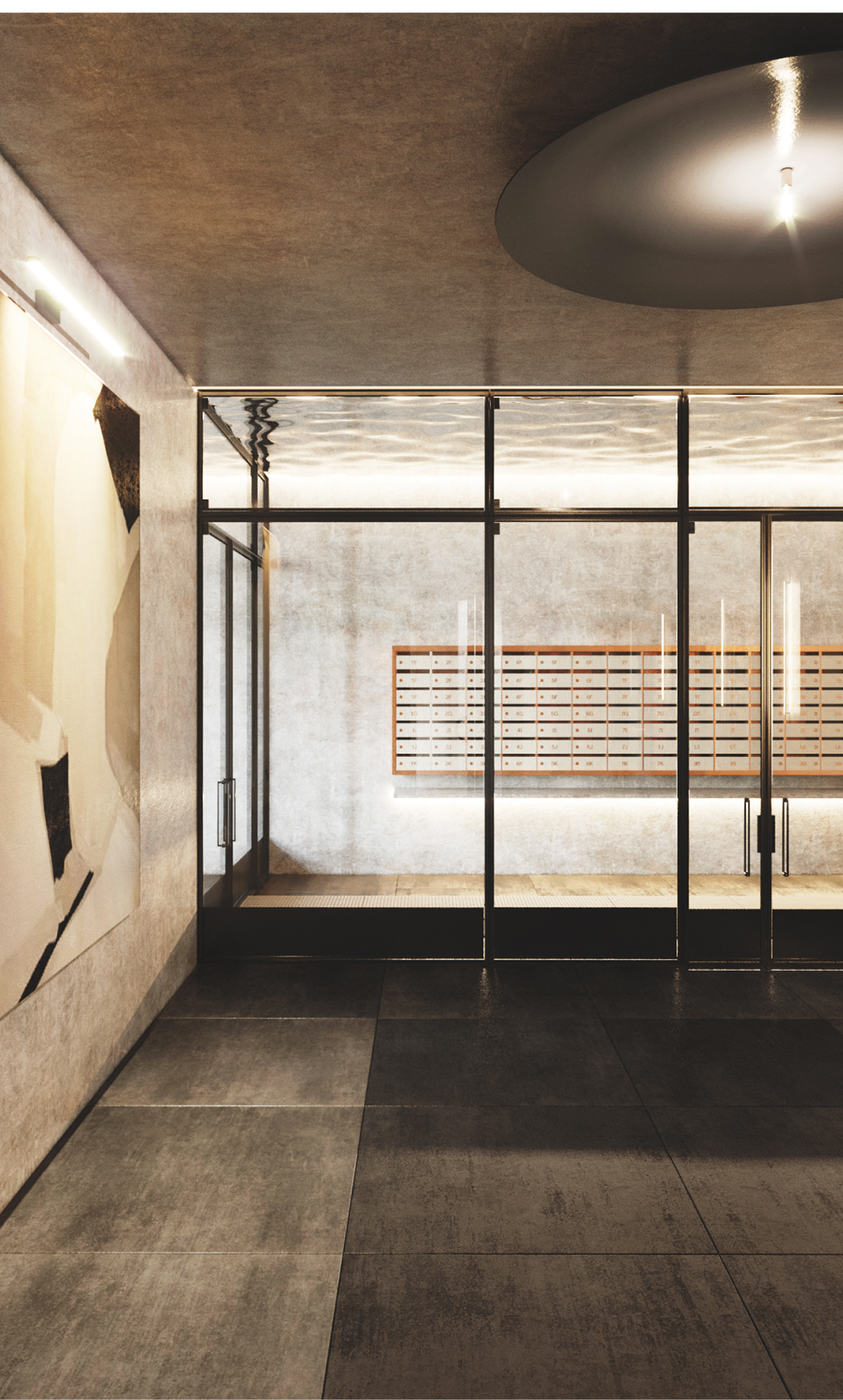 Modern building lobby with abstract art and mailboxes