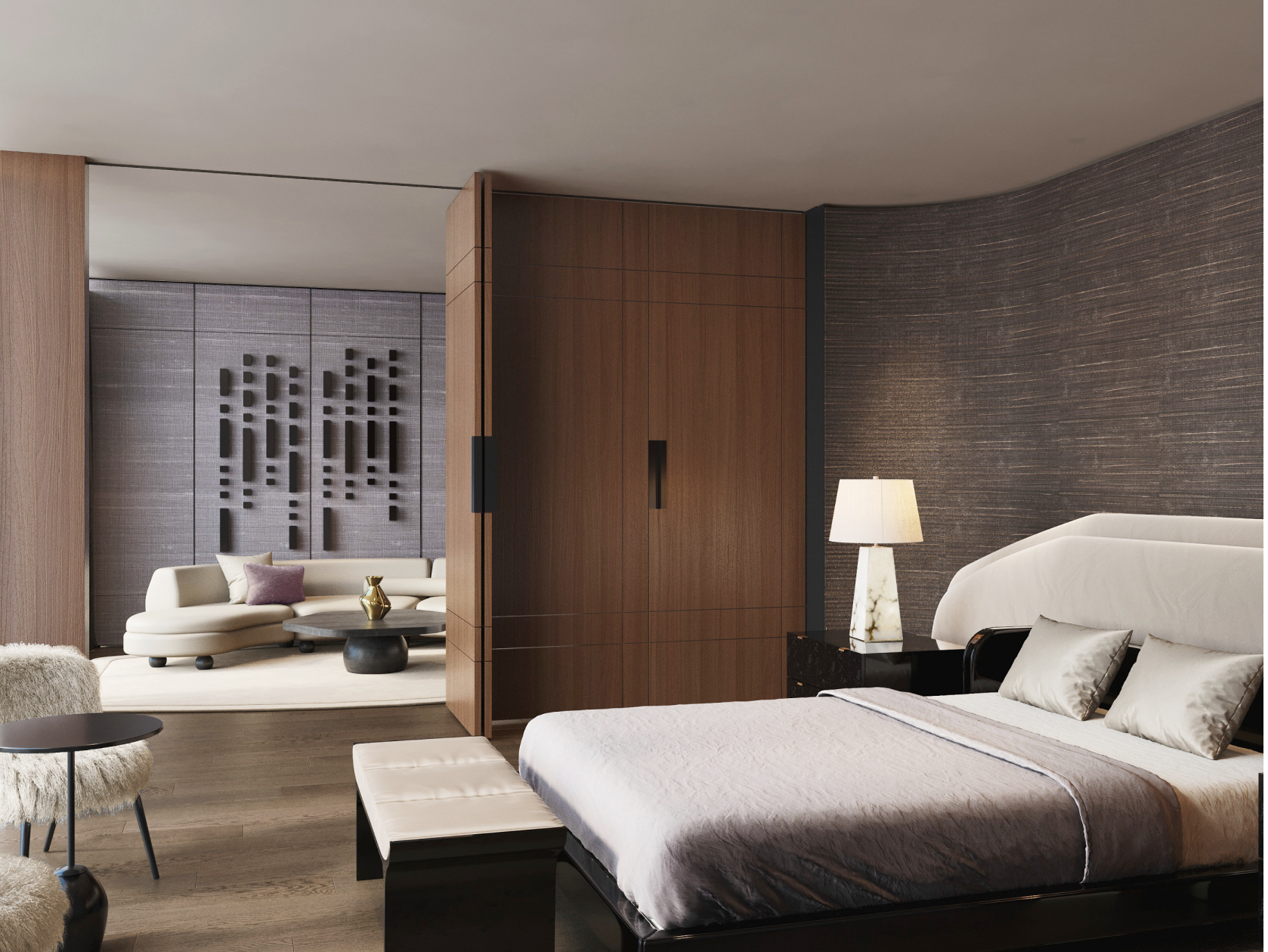 Modern bedroom with adjacent seating area, featuring a bed, lamp, sleek wooden walls, and contemporary decor.
