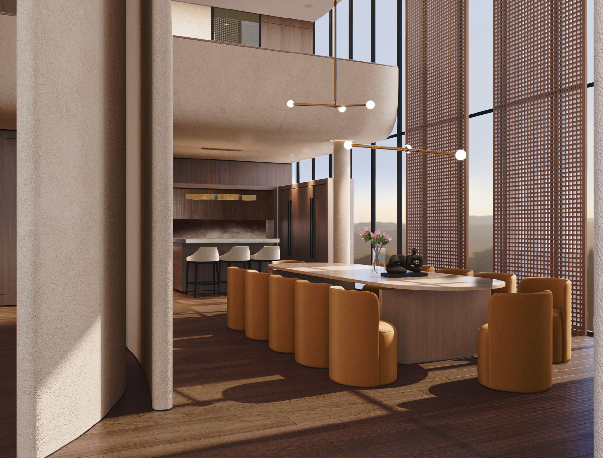 Modern dining area with wooden table and tan chairs, large windows, and contemporary lighting featuring globe pendants. Minimalist design with natural light.