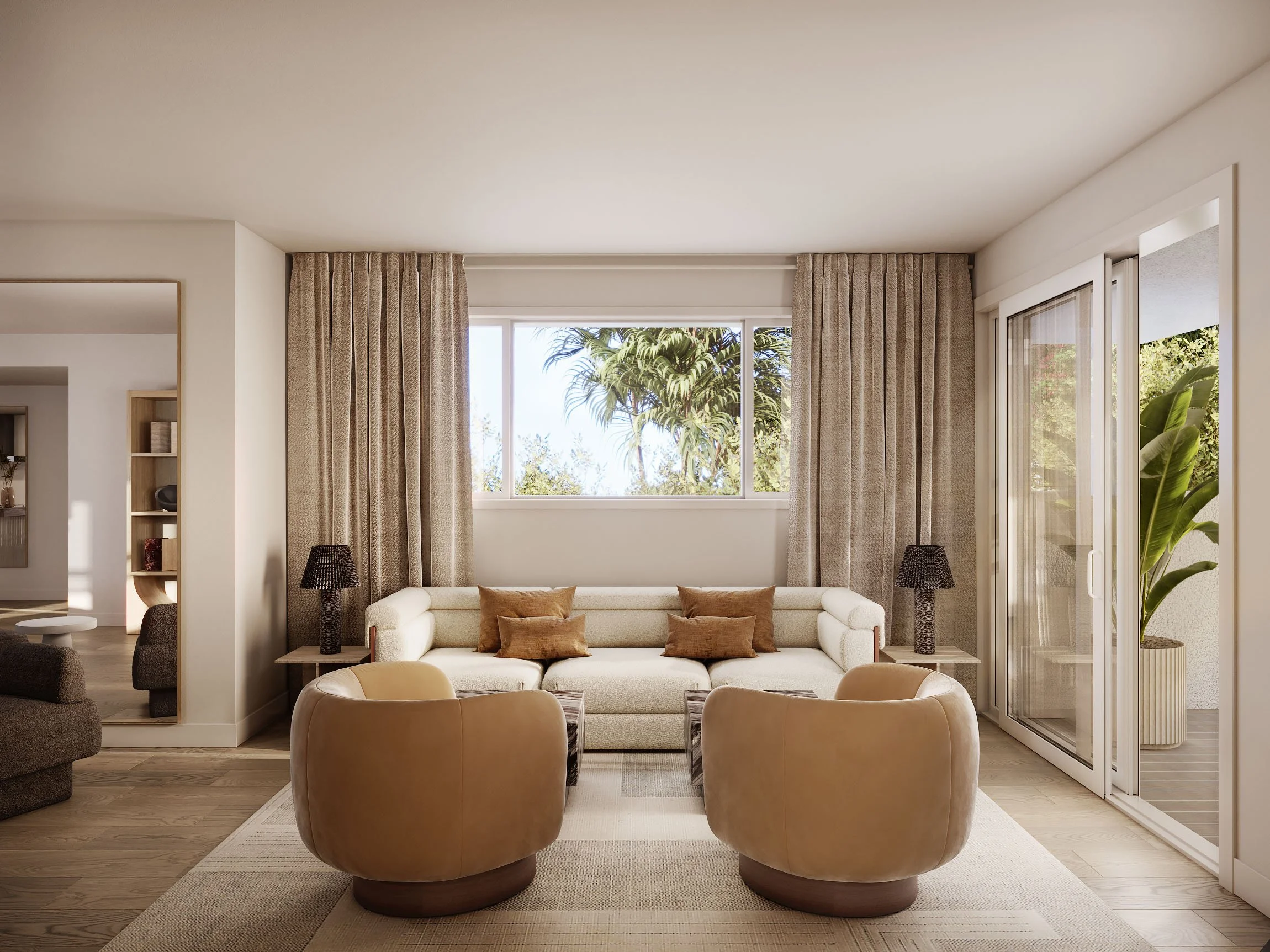Modern living room with beige L-shaped sofa, brown leather chairs, and large windows. Curtains frame the windows, and a potted plant is outside on the deck. Two side tables with lamps are beside the sofa.