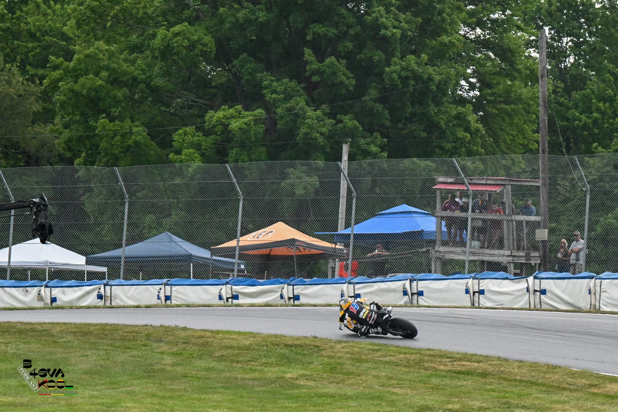 A motorcycle racer leaning into a turn on a racetrack, with a chain-link fence and trees in the background, and spectators watching from a viewing platform.