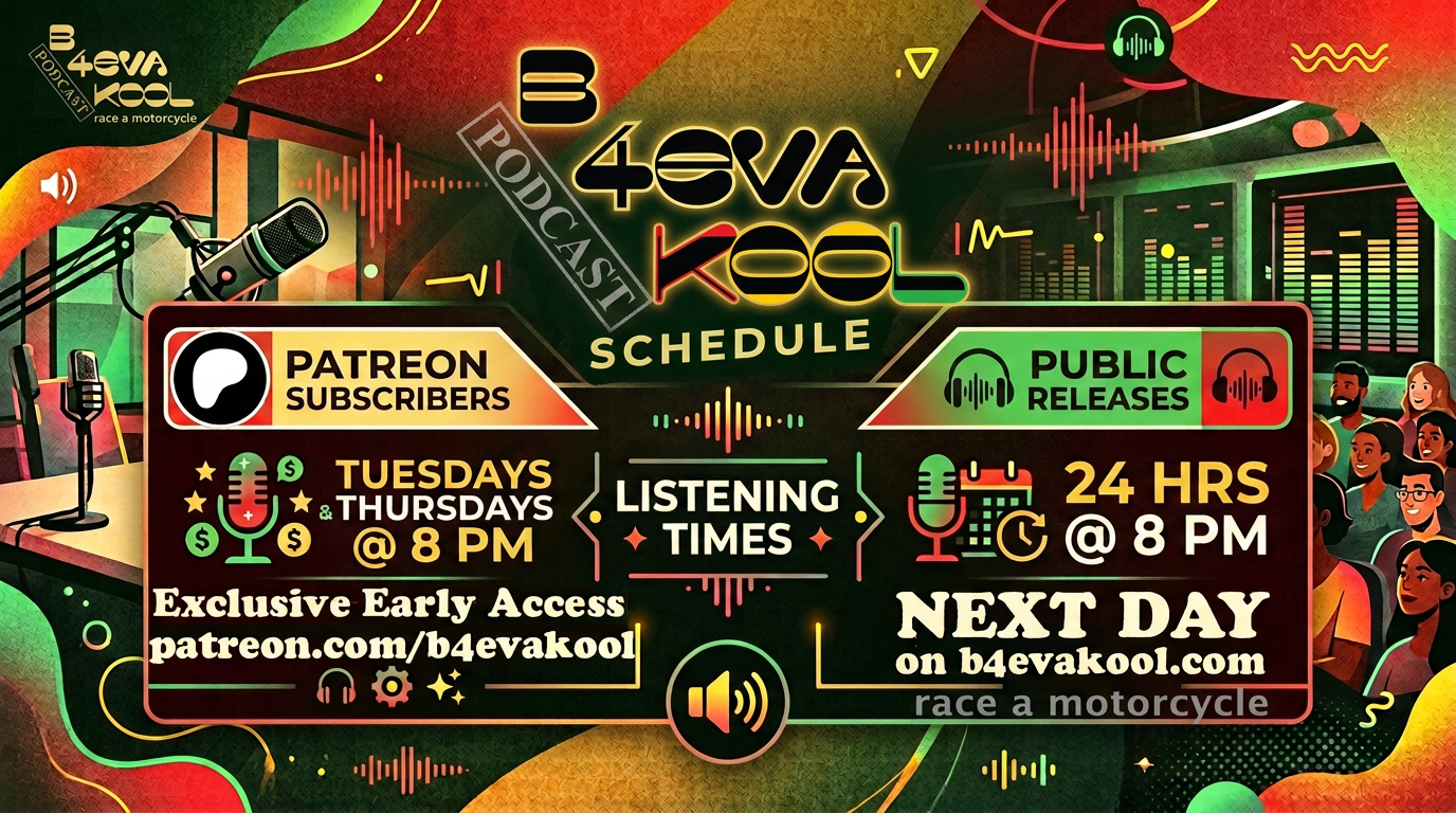 Colorful digital graphic promoting a podcast schedule. Features microphone icons, sound wave graphics, and text detailing Patreon subscribers' schedule on Tuesdays and Thursdays at 8 PM, and public releases available 24 hours a day at 8 PM. Includes artwork of diverse audience and recording studio elements.