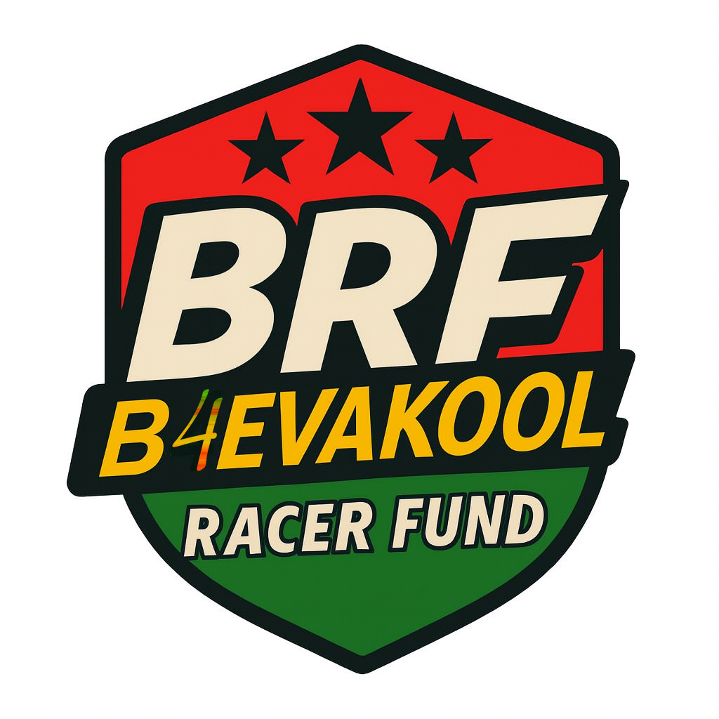 A shield-shaped logo with red, black, white, yellow, and green colors. It features three black stars at the top, large white letters spelling "BRF" in the center, and the phrase "B4E VA KOOL" in yellow with a red number 4. Below, it says "RACER FUND" in white letters on a green background.