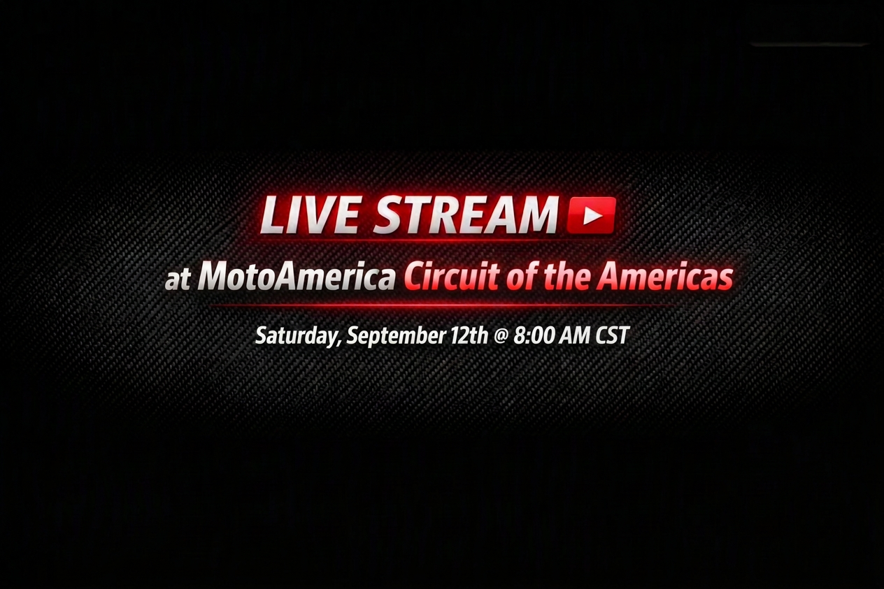 Announcement for a live stream event at MotoAmerica Circuit of the Americas on Saturday, September 12th at 8:00 AM CST.