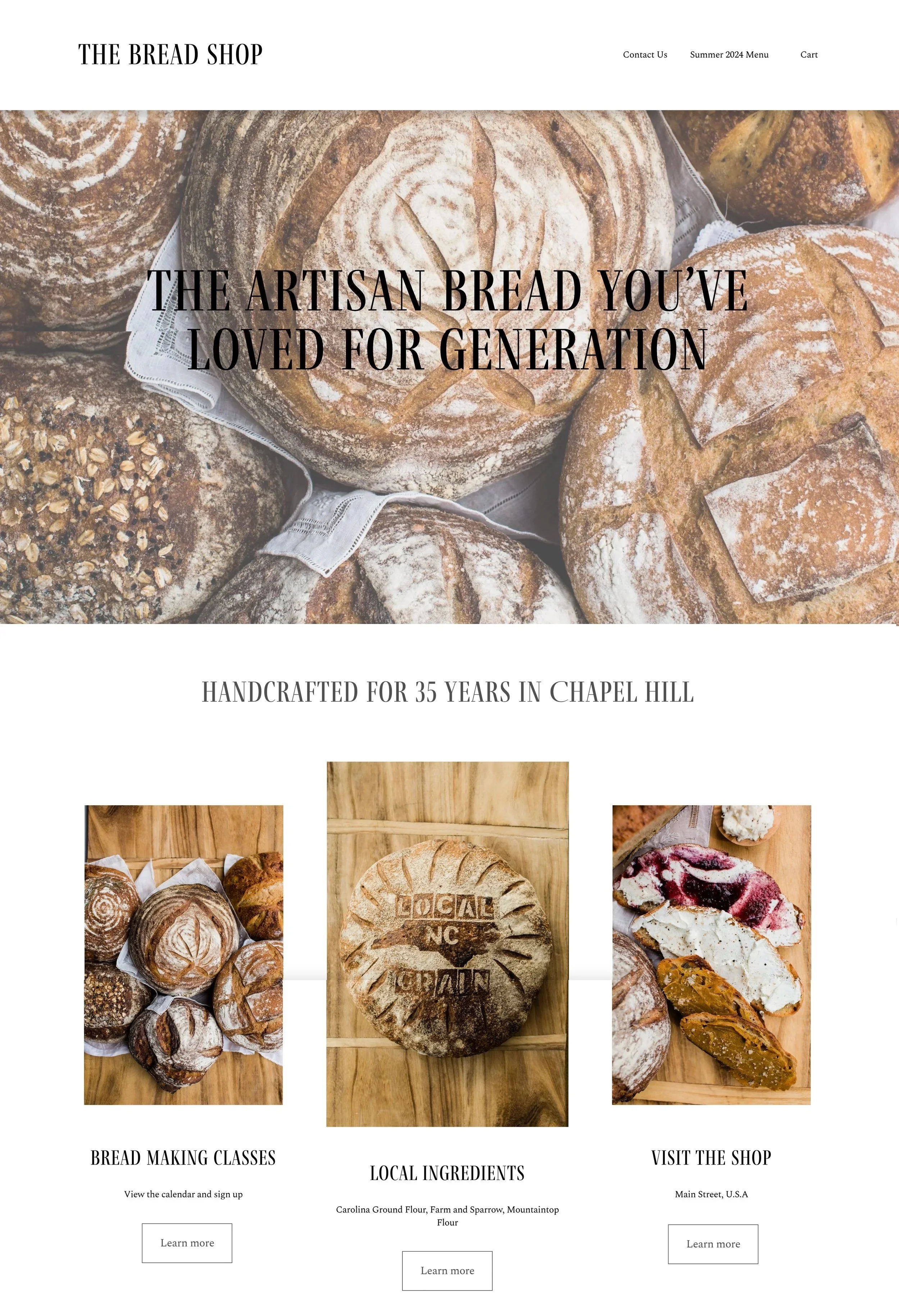Website design layout for an artisan bakery featuring rustic bread on a clean white background with elegant serif typography.
