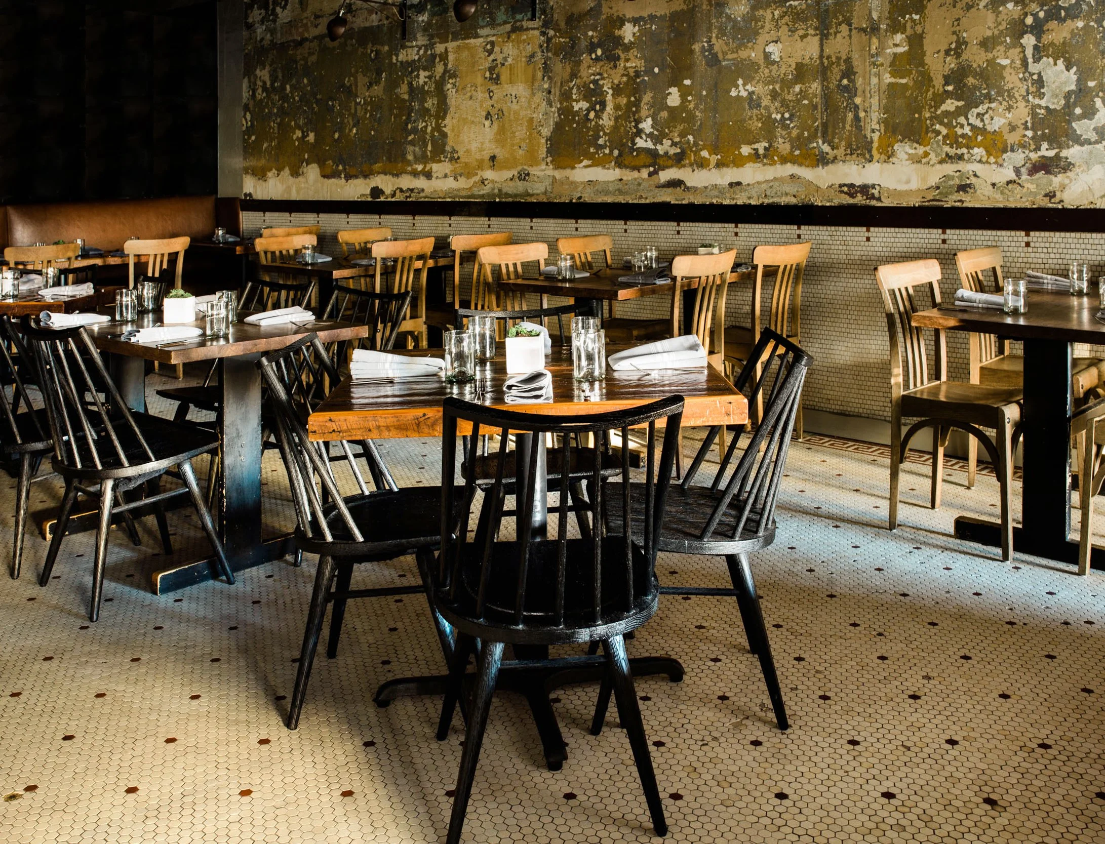 Rustic and vintage interior of Rhubarb restaurant in Asheville