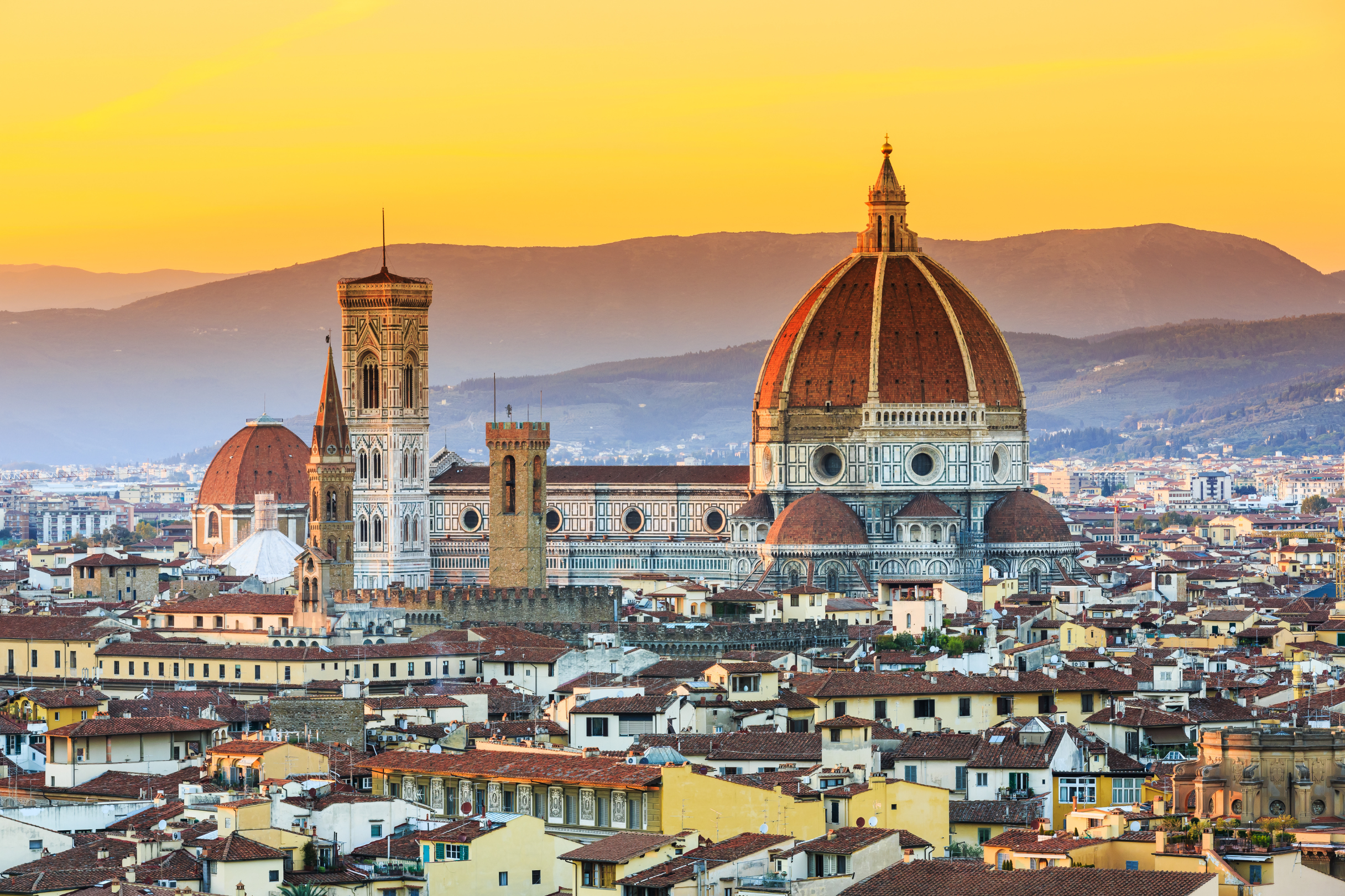 Florence Cathedral and cityscape at sunset, Florence, Italy.