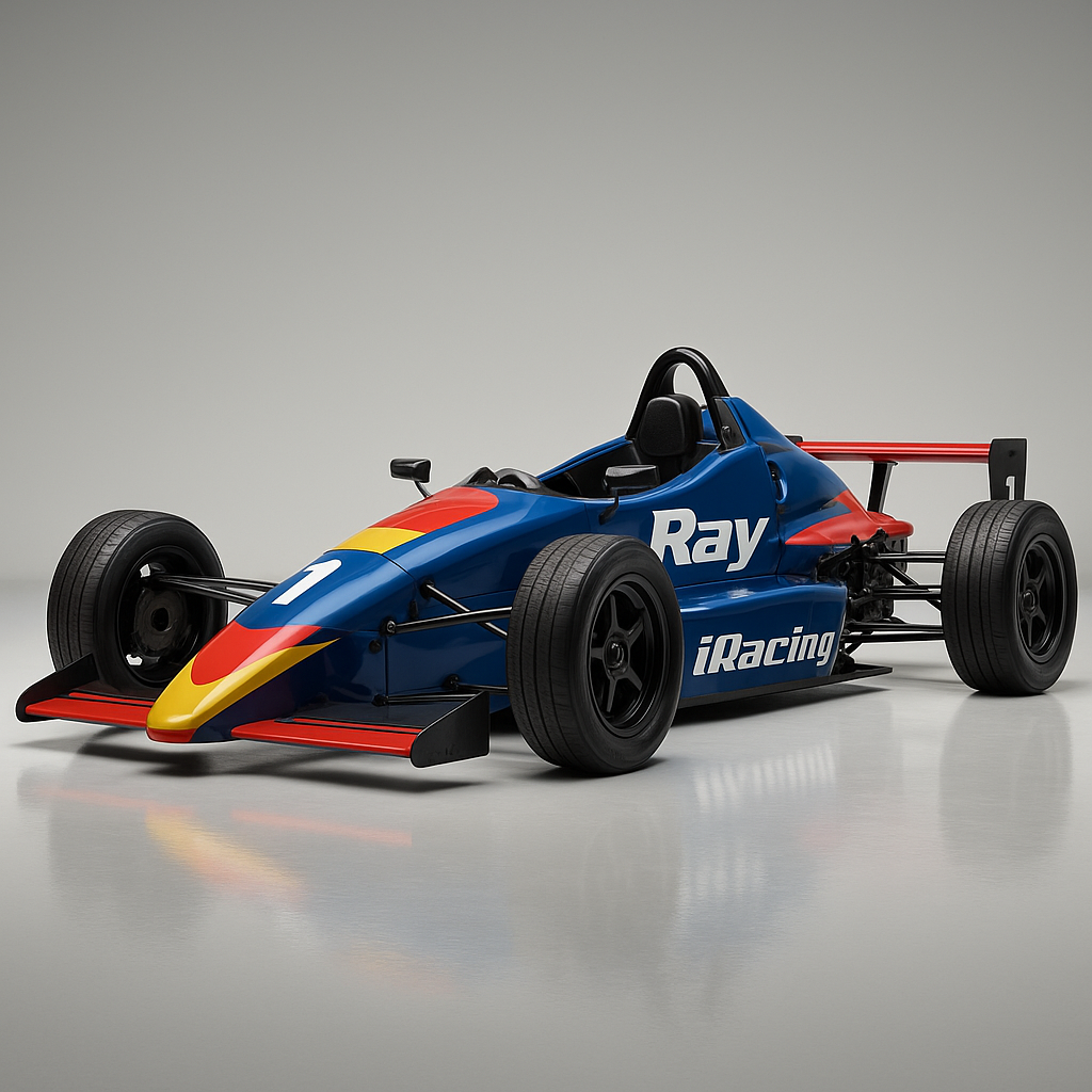 A blue, red, and yellow race car with the number one on the front, labeled "Ray iRacing" on the side, in a studio setting with a plain gray background.