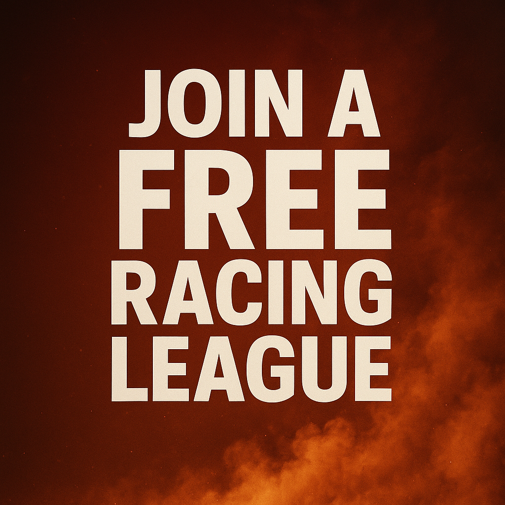 Text on a fiery background that reads "Join a free racing league."