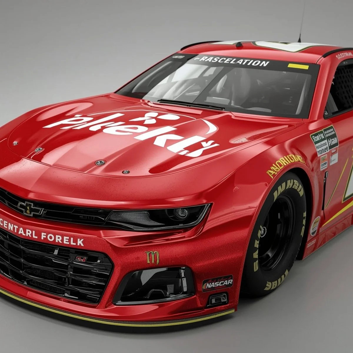 A red racing car with sponsorship logos including Michelin, Monster, and Chevrolet, featuring a sleek design, aerodynamic contours, and racing decals.