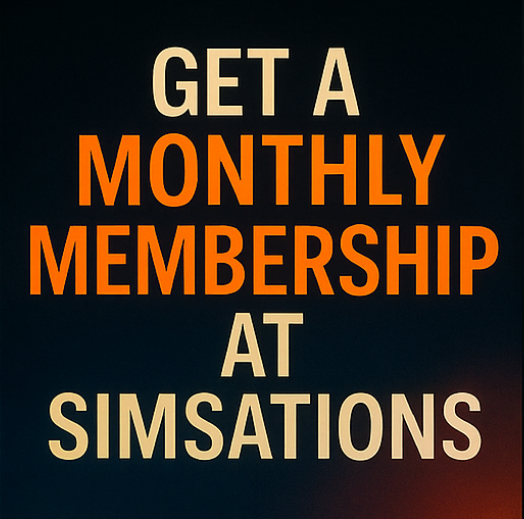 Text advertising a monthly membership at Simsations, with the words "Get a Monthly Membership at Simsations" in large bold letters on a dark background.