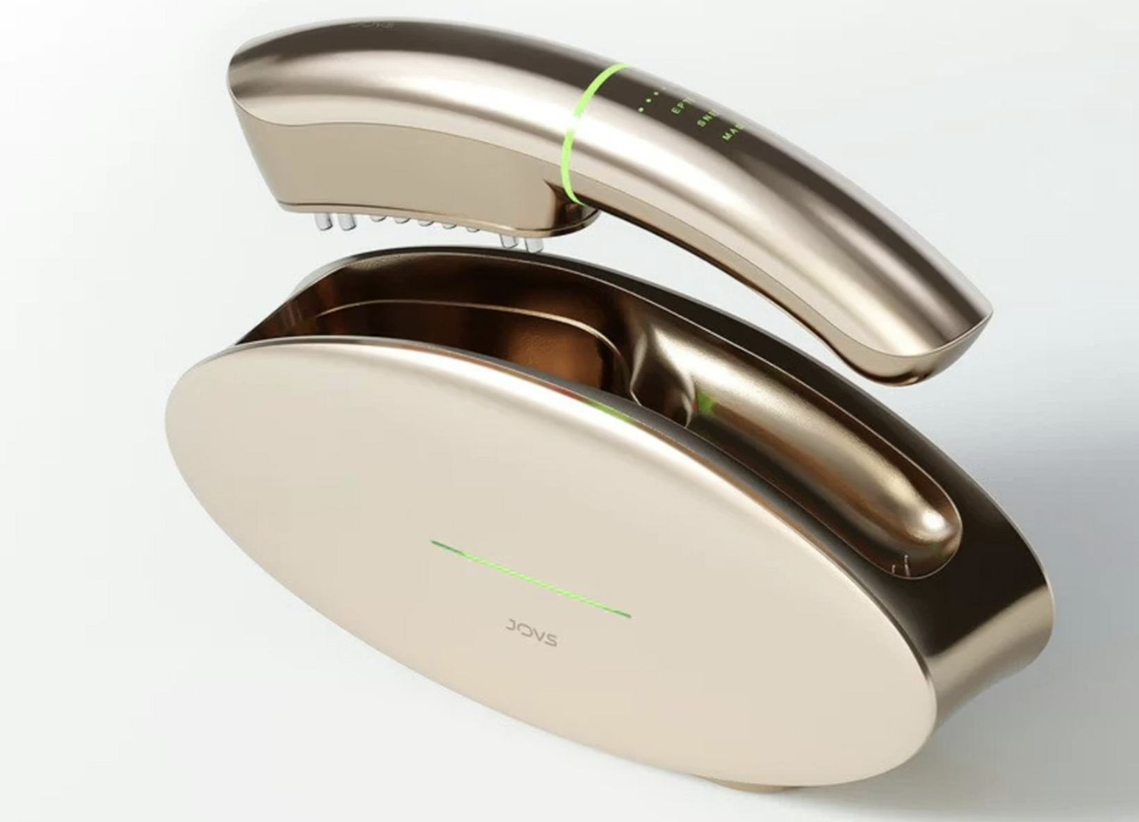 Close-up product image of a gold microcurrent facial device with sleek curved design and green LED indicator, used for facial lifting, wrinkle smoothing, and at-home skin tightening treatments.