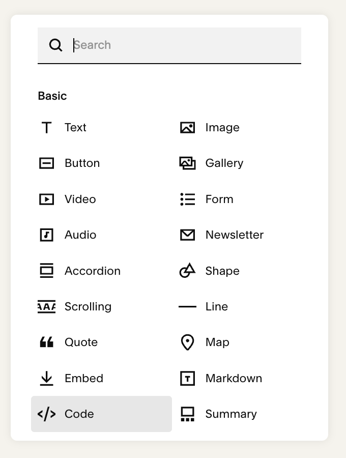Adding a code block in Squarespace