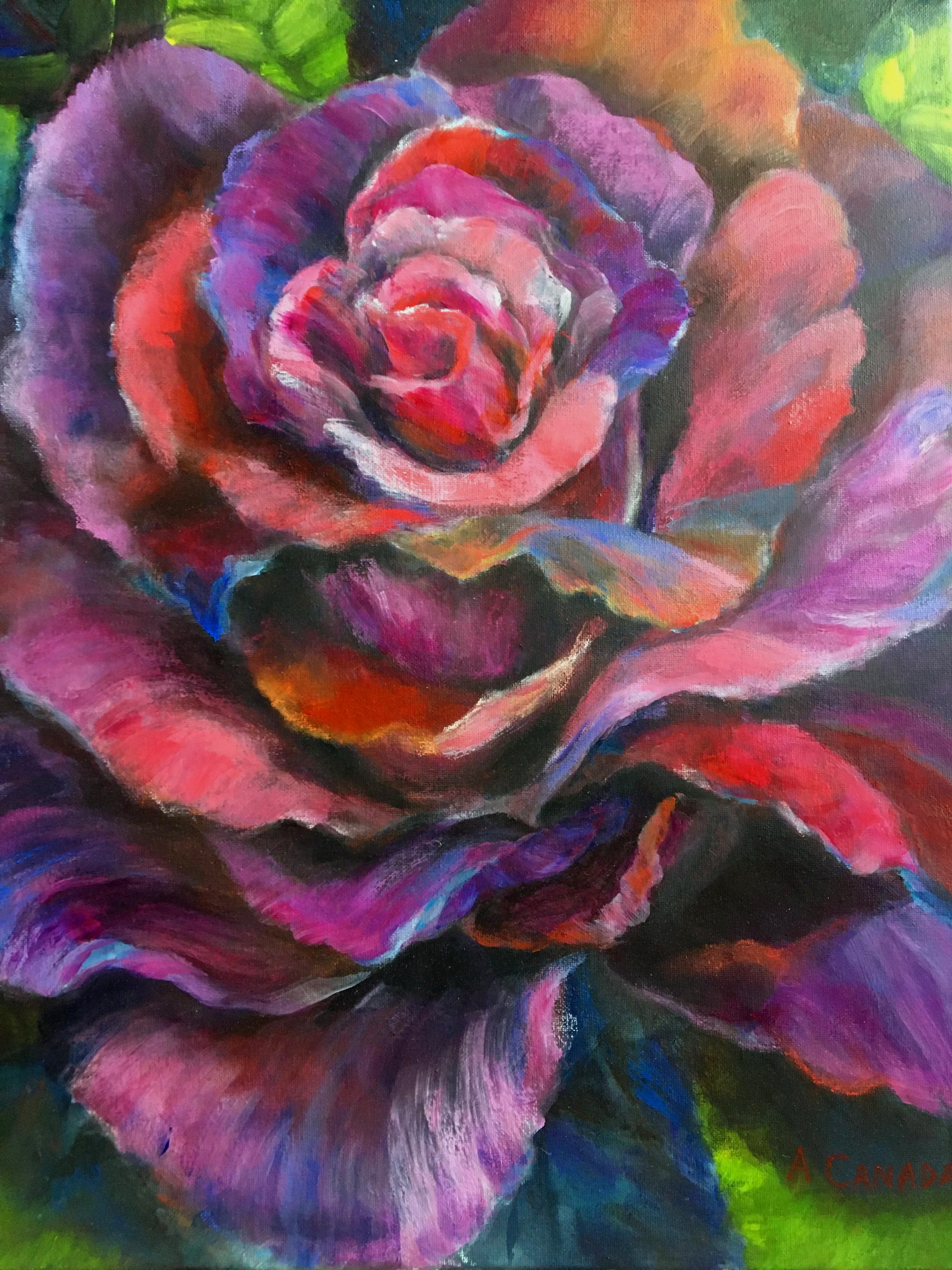 Portrait of a Rose, 2025.  Acrylic and pastel on canvas, 20 x 16.