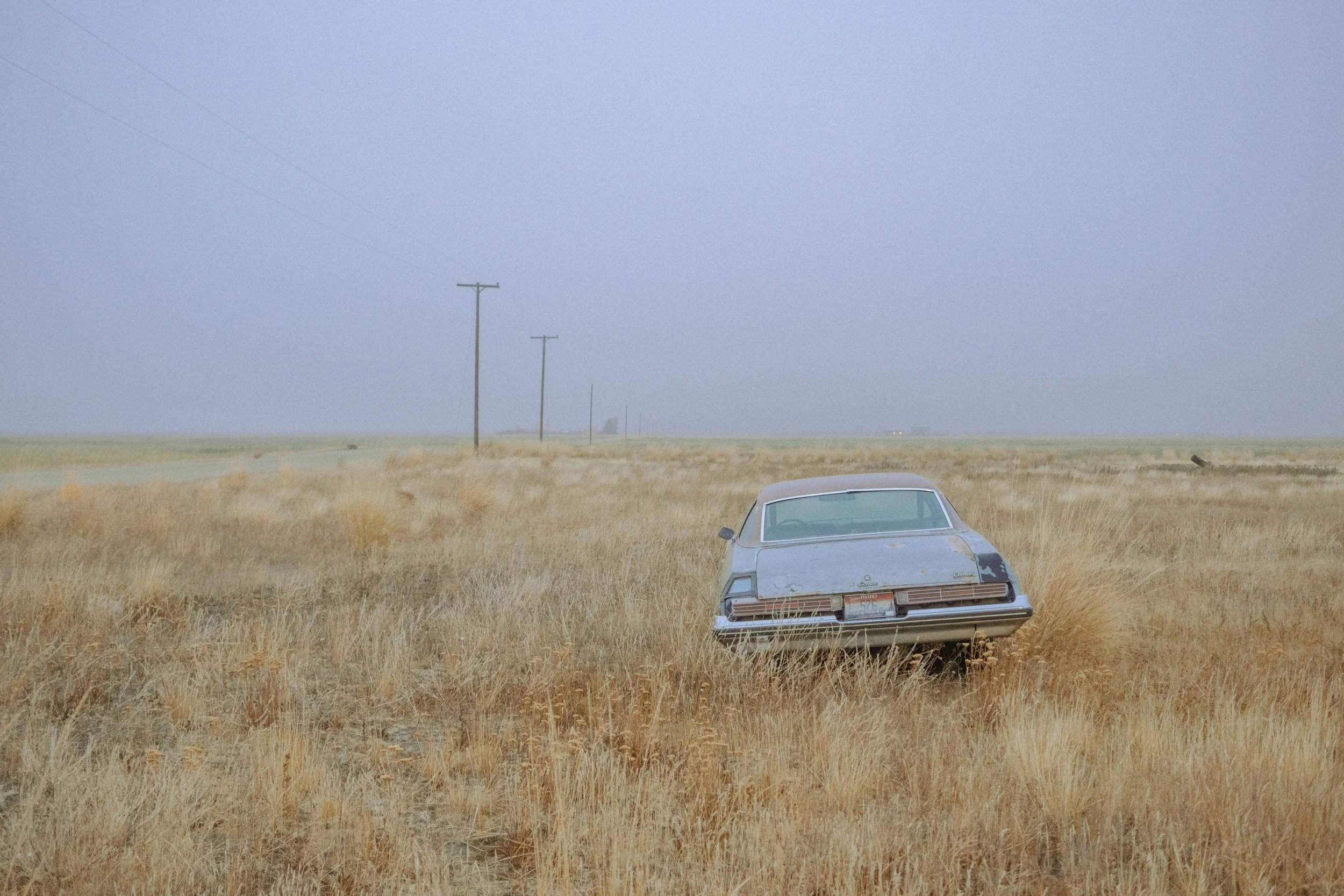 A vintage car parked in a field of dry grass, with power lines and a hazy sky in the background.