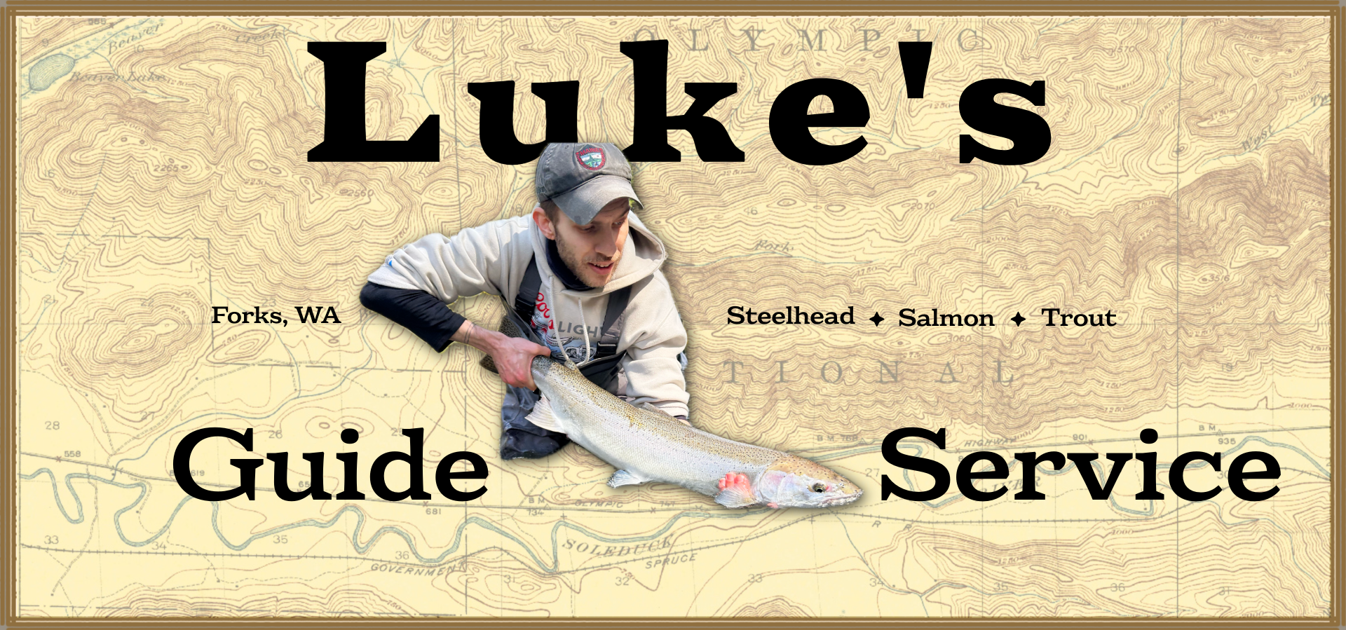 A guide titled "Lukes Guide Service" features a man holding a large fish, set against a topographical map background. Text indicates location in Forks, WA, fishing for Steelhead, Salmon, and Trout.