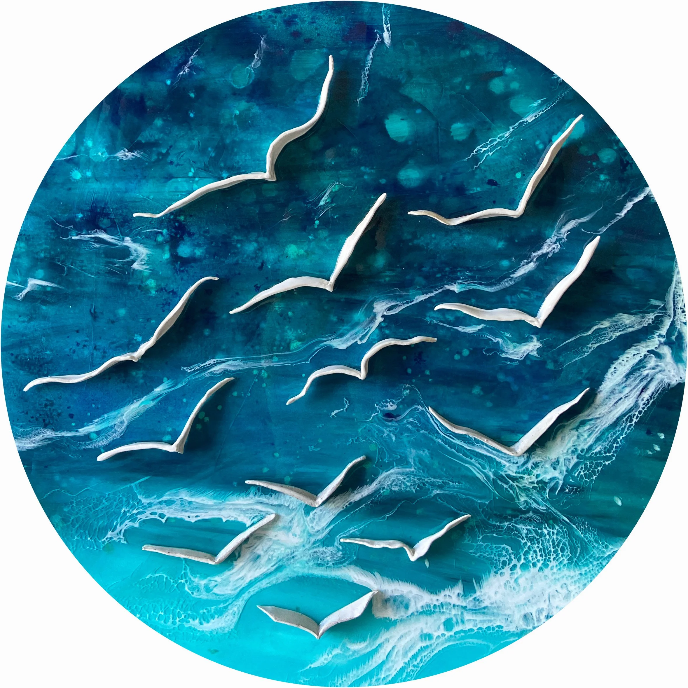 Wings of the Ocean
Acrylic, resin, ceramic on wood 100cm